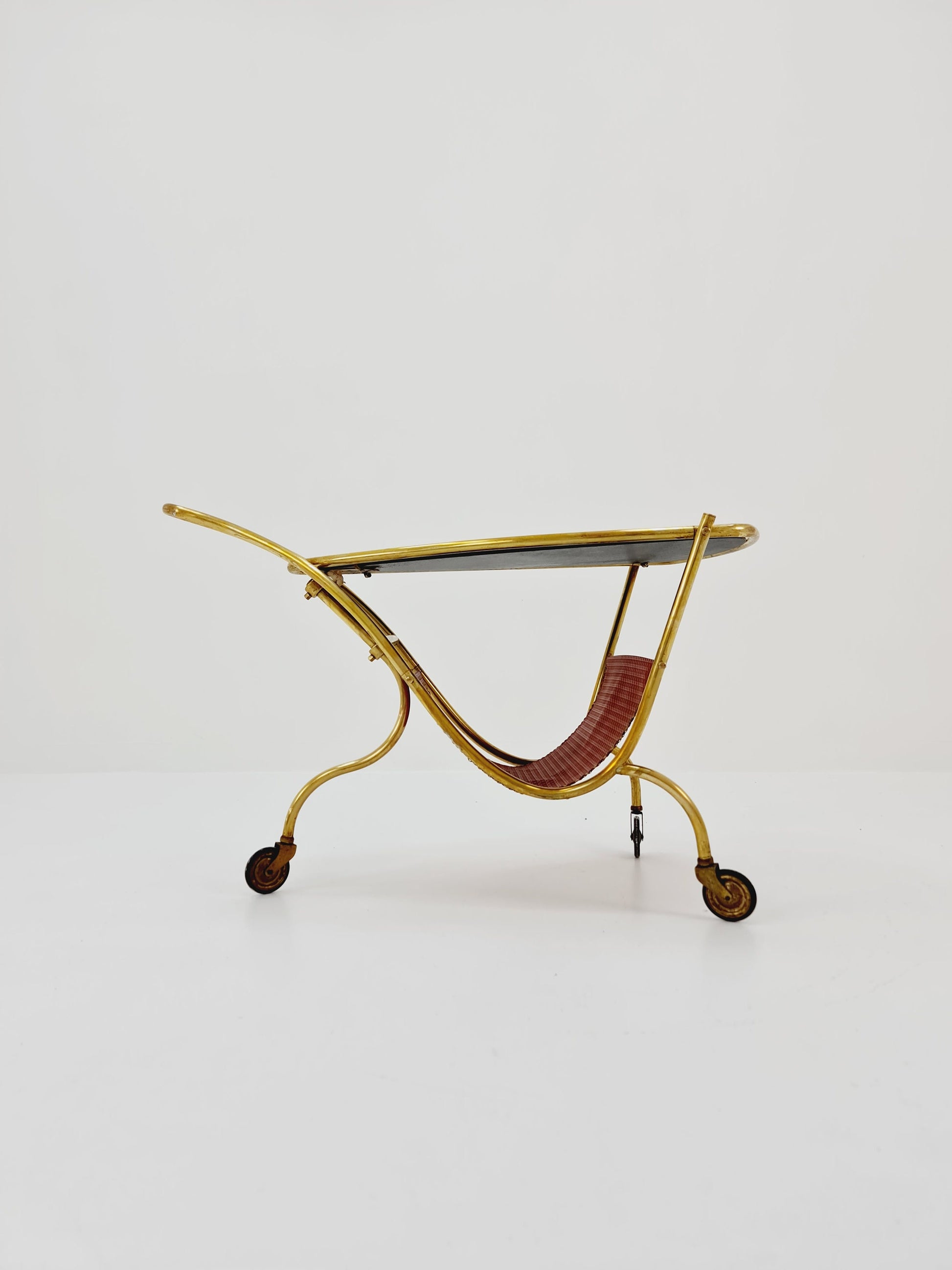 Vintage German mid century trolley bar cart in Brass with Magazine rack 1950s