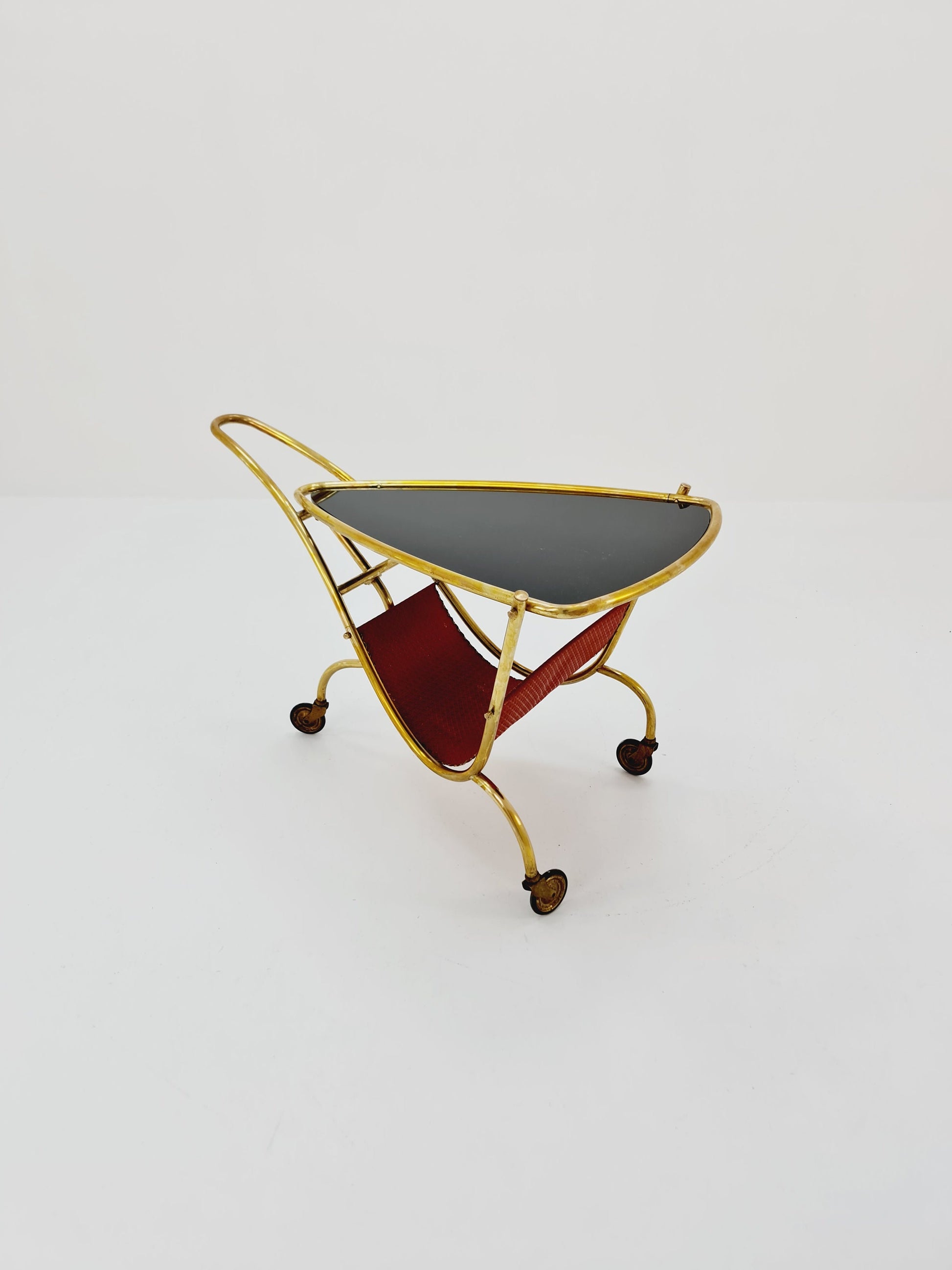 Vintage German mid century trolley bar cart in Brass with Magazine rack 1950s
