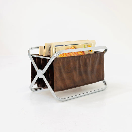 Mid century Italian chrome and brown leather Magazine Holder from Castelli, 1960s