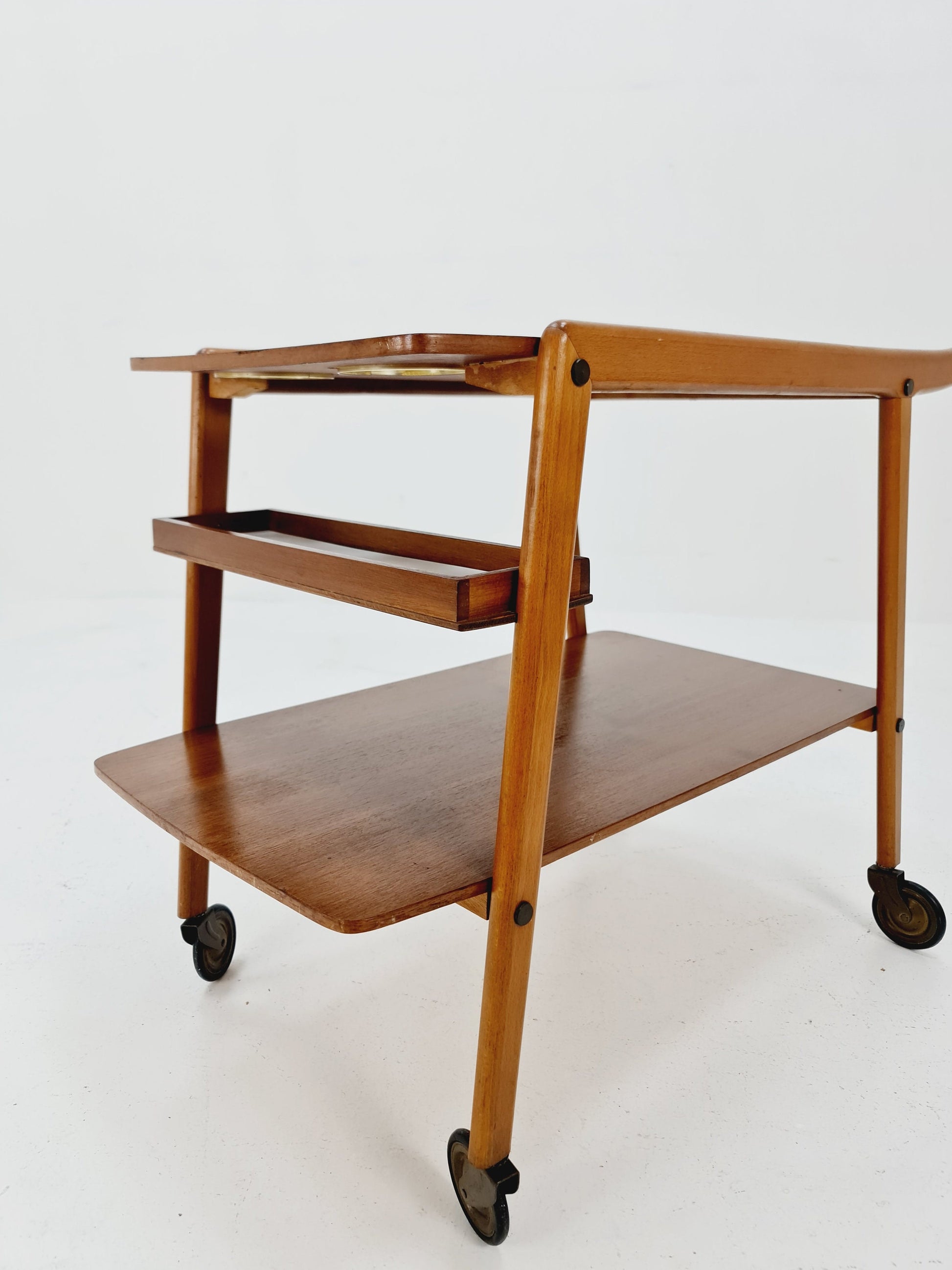 Vintage German mid century trolley bar cart in Walnut , 1960s