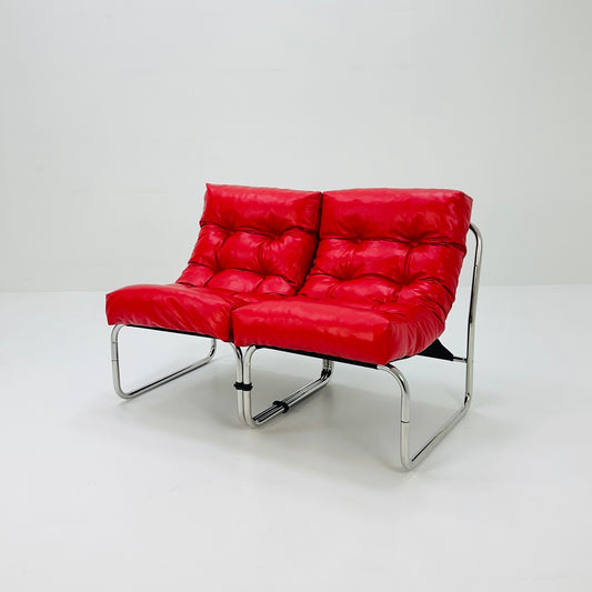 set of 2 Model Pixi red leather lounge chair by Gillis Lundgren for Ikea, 1970s