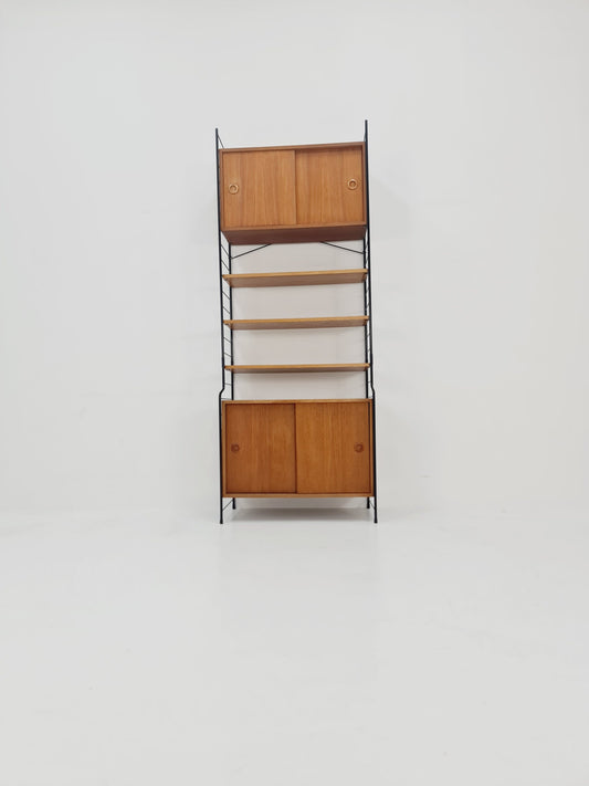 Free standing String shelf-system, bookcase with cabinet teak by WHB Germany, 1950s