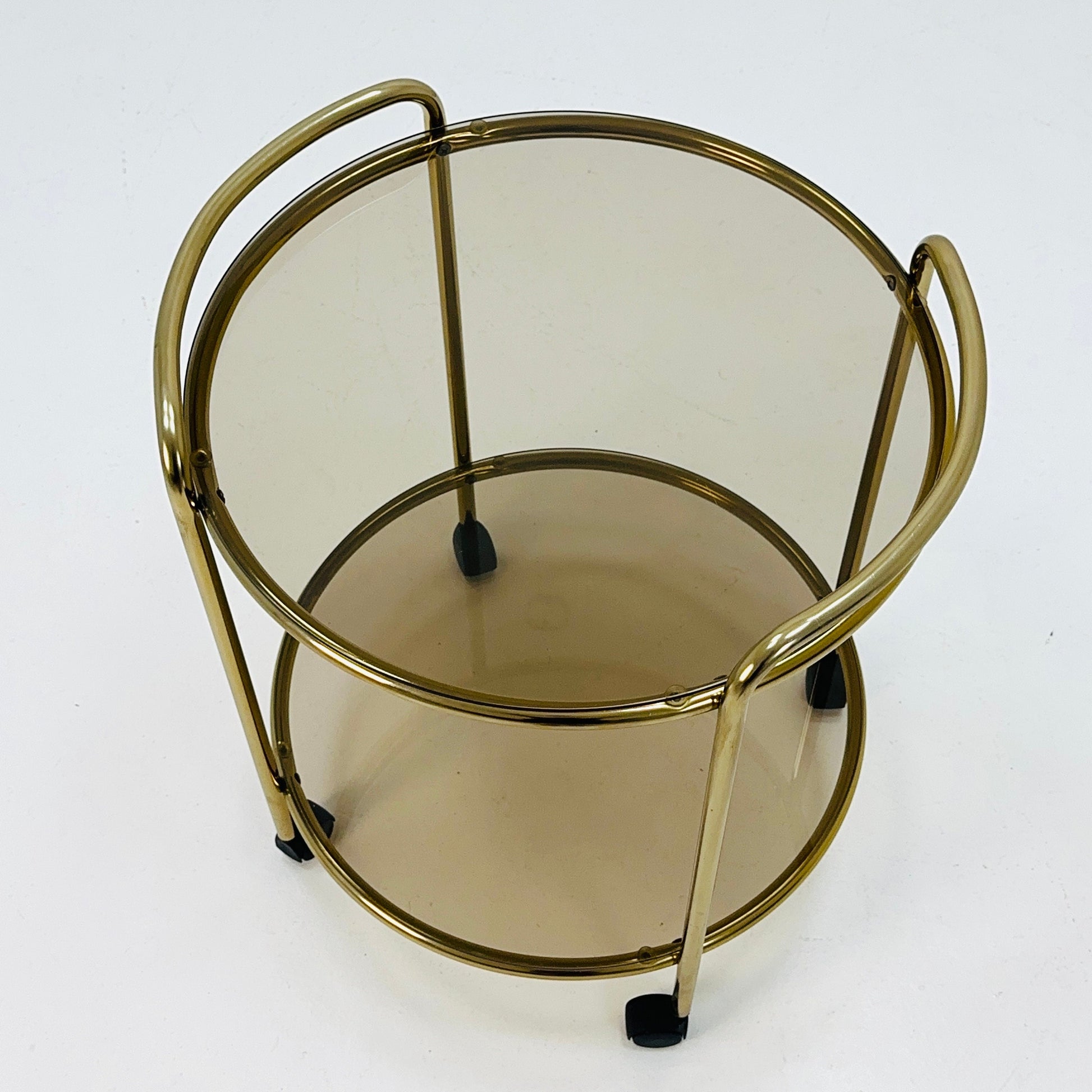 Mid Century Modern Bar/ Tea Cart Gold/Brass smoked Glass France 1970s .