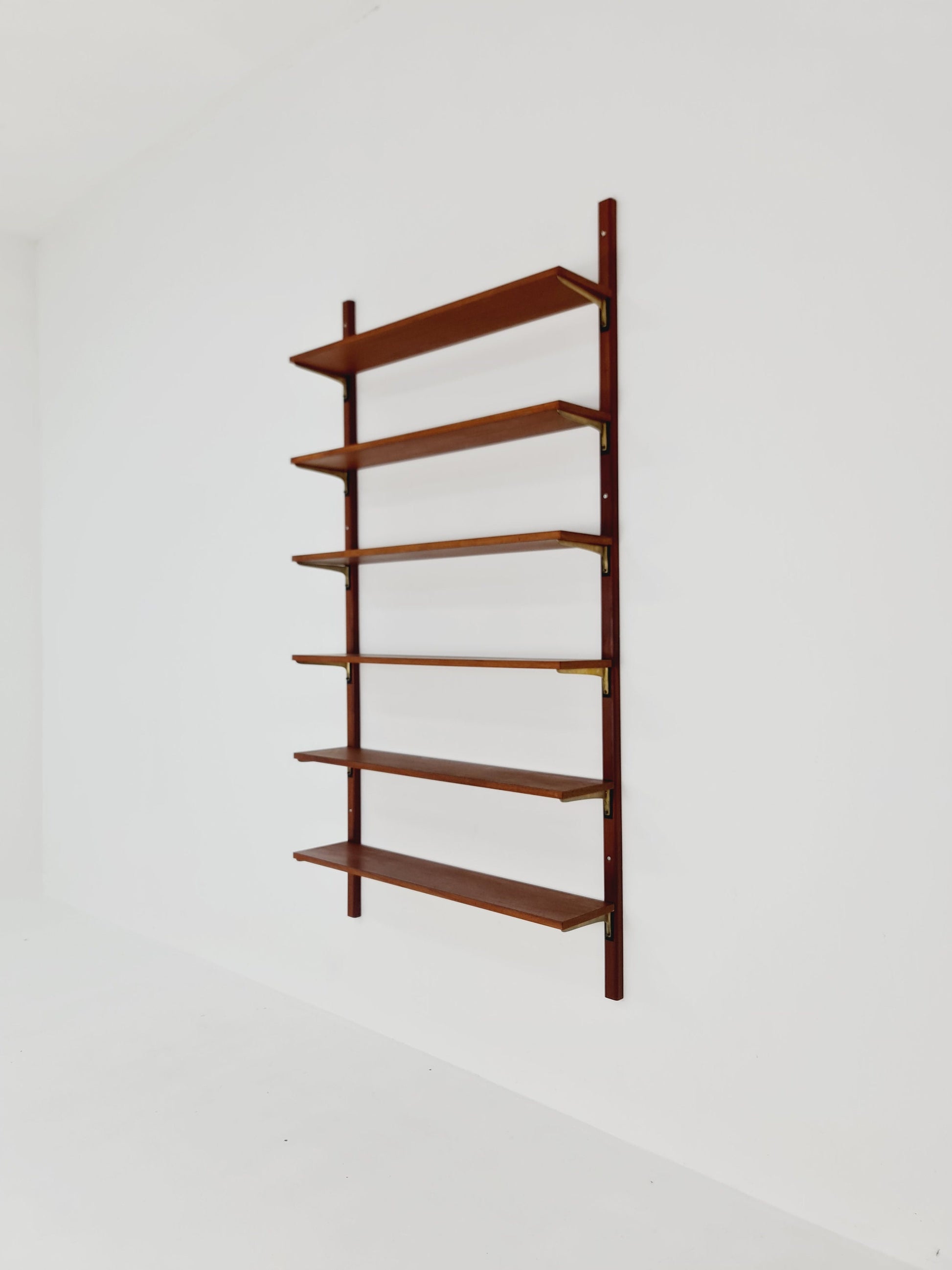 Rare Wall-mounted original teak Danish brass shelf-system bookcase, 1960s