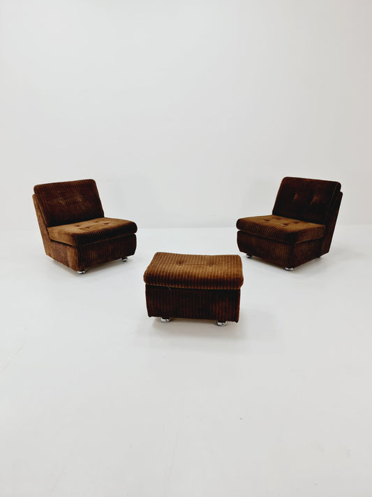 German Space age Set of 3 modular sofa/couch in brown Manchester fabric by Schwämmle Möbel, 1970s