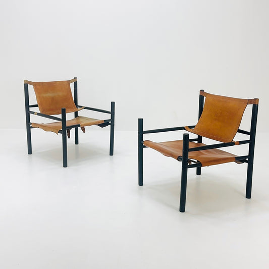 Mid century Sling Safari chair set by Abel Gonzalez cognac leather Argentina 1960s
