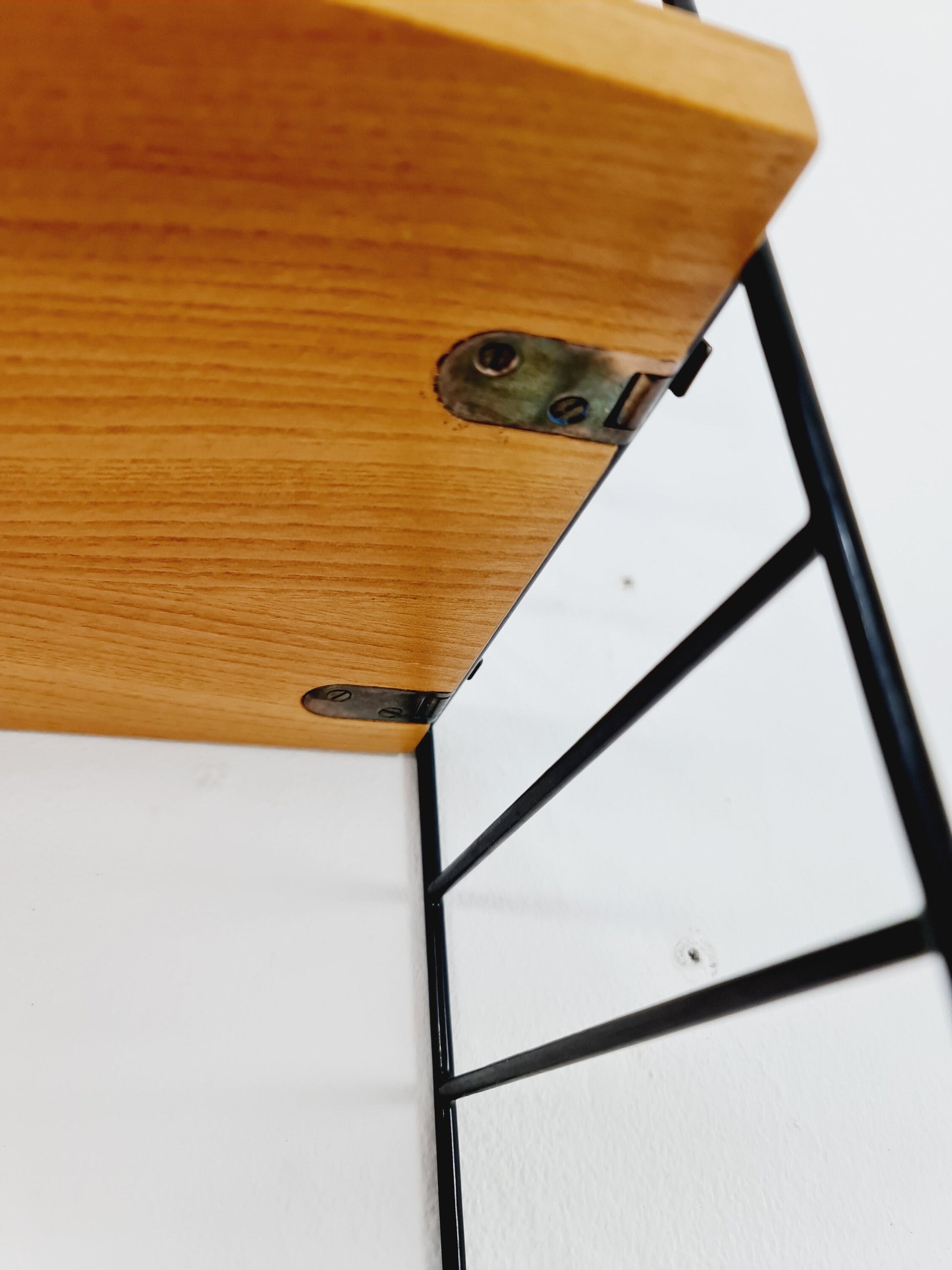 Original MCM Ash shelving system - consists of Black lacquered metal ladders, from string Stockholm 1960s