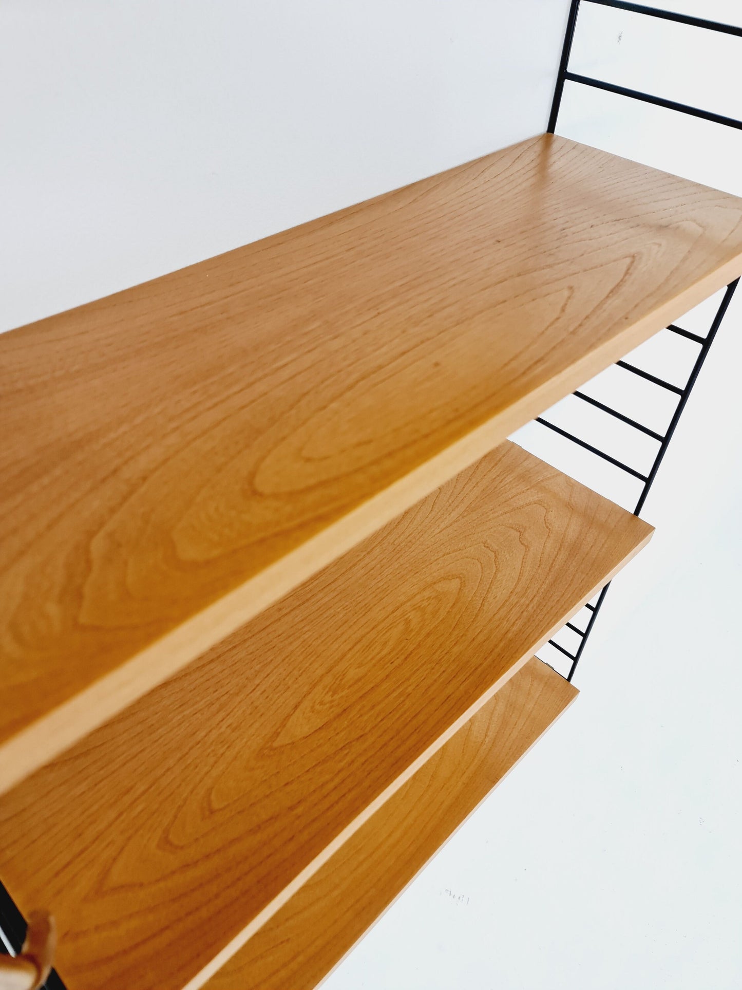 Original MCM Ash shelving system - consists of Black lacquered metal ladders, from string Stockholm 1960s