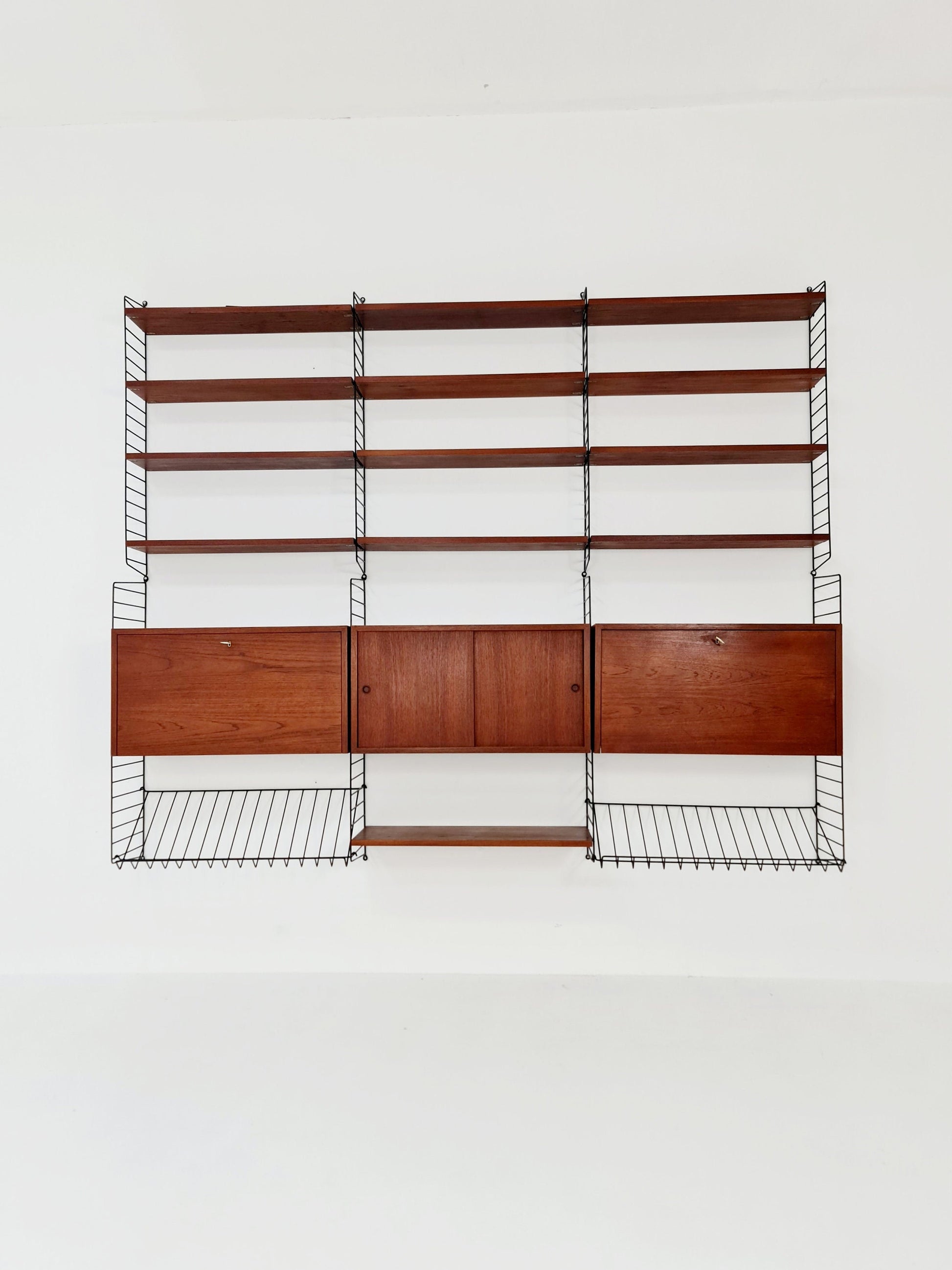Wall-mounted original Swedish string shelf-system, bookcase teak by Nils & Kajsa Strinning, 1960s