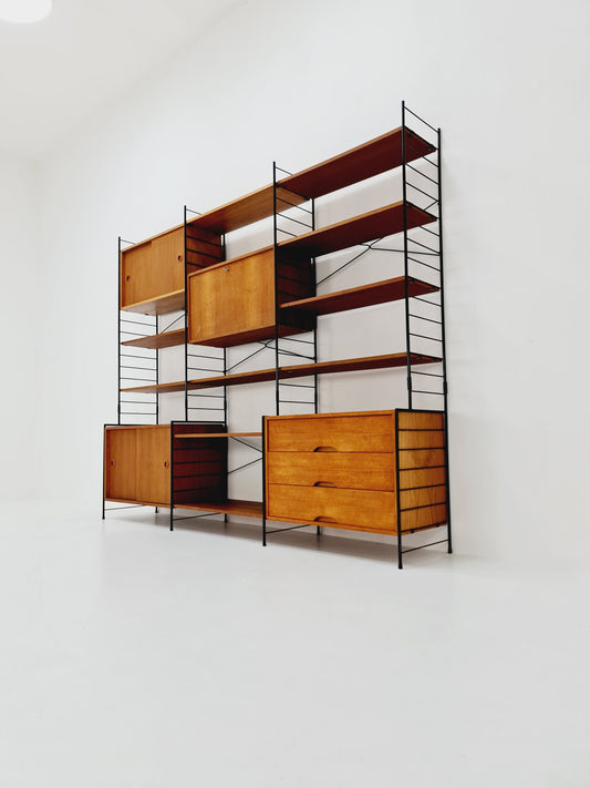 String shelf-system, bookcase with bar cabinet teak by WHB Germany, 1950s