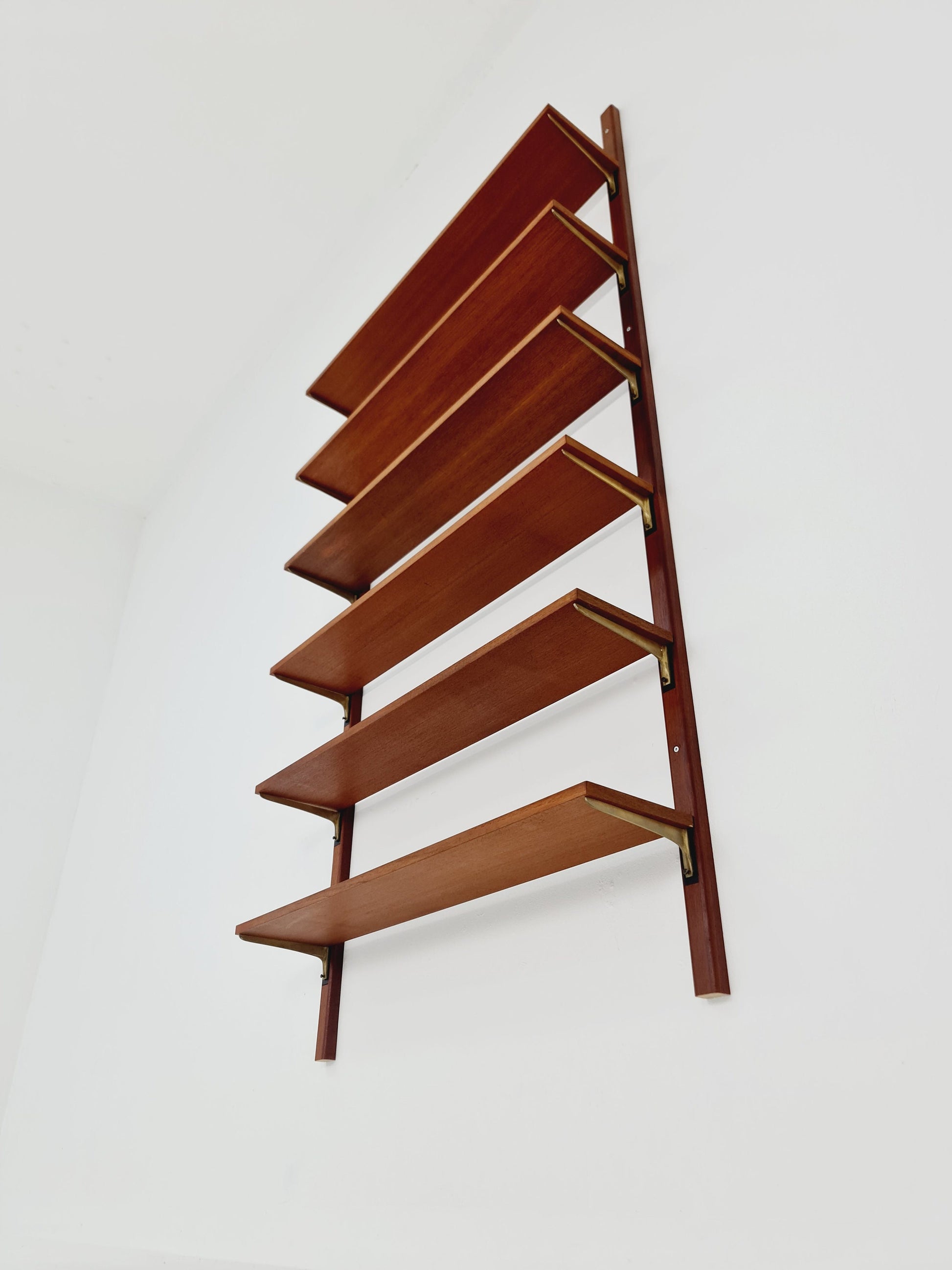 Rare Wall-mounted original teak Danish brass shelf-system bookcase, 1960s