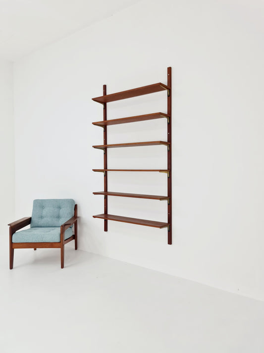 Rare Wall-mounted original teak Danish brass shelf-system bookcase, 1960s