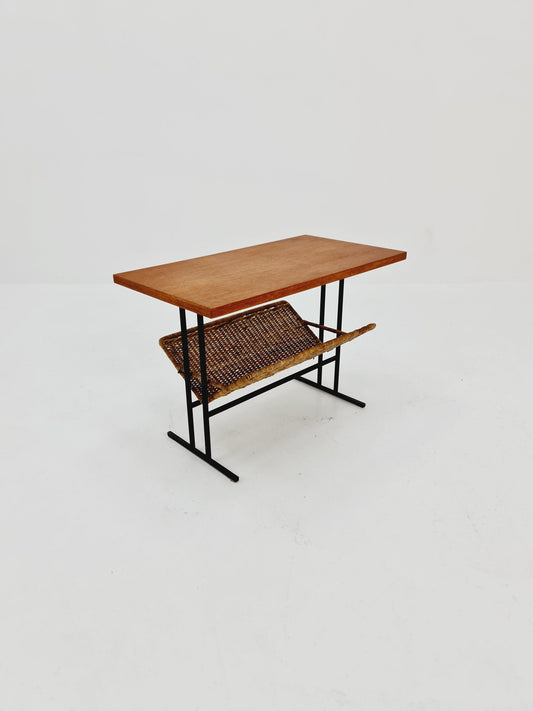 Danish Mid century teak Rattan Side table magazine rack, 1960s