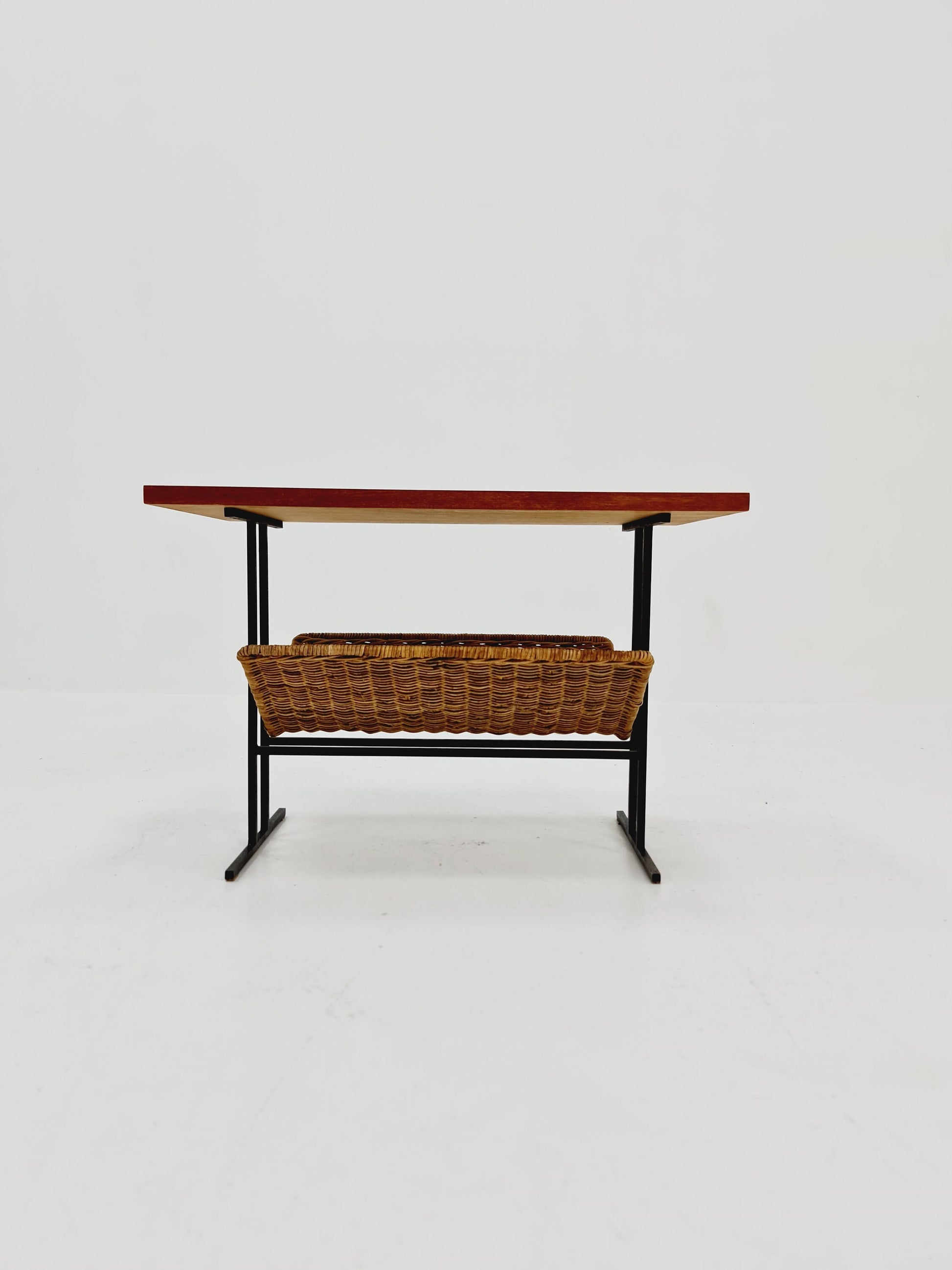 Danish Mid century teak Rattan Side table magazine rack, 1960s