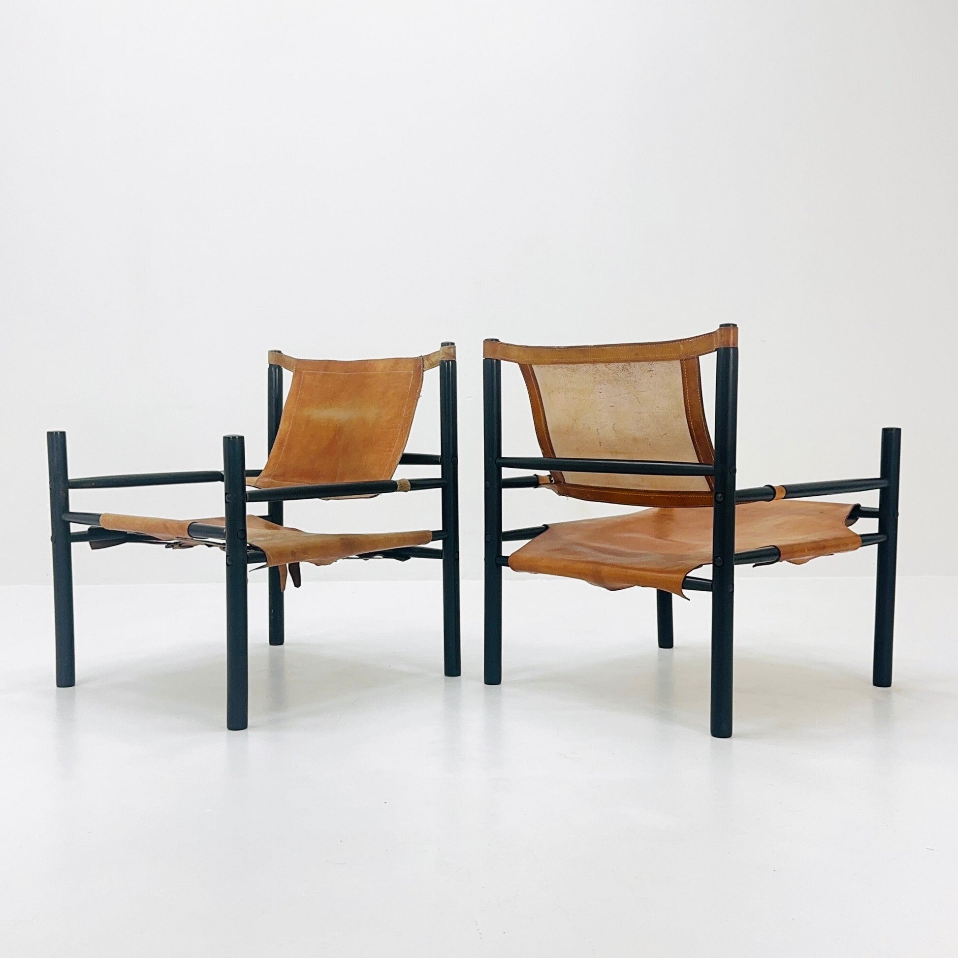 Mid century Sling Safari chair set by Abel Gonzalez cognac leather Argentina 1960s