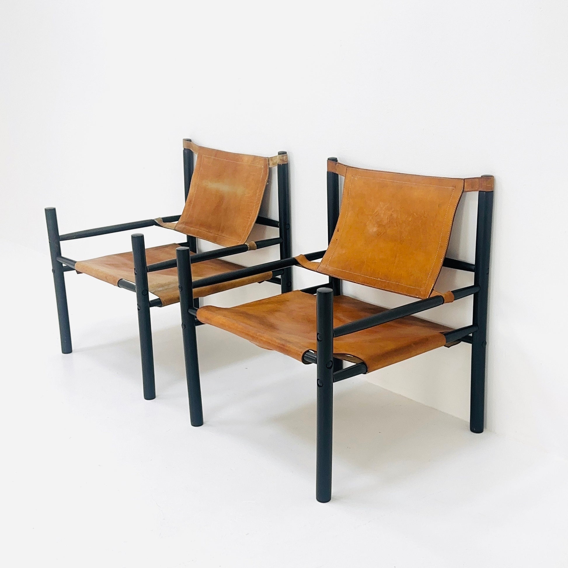 Mid century Sling Safari chair set by Abel Gonzalez cognac leather Argentina 1960s