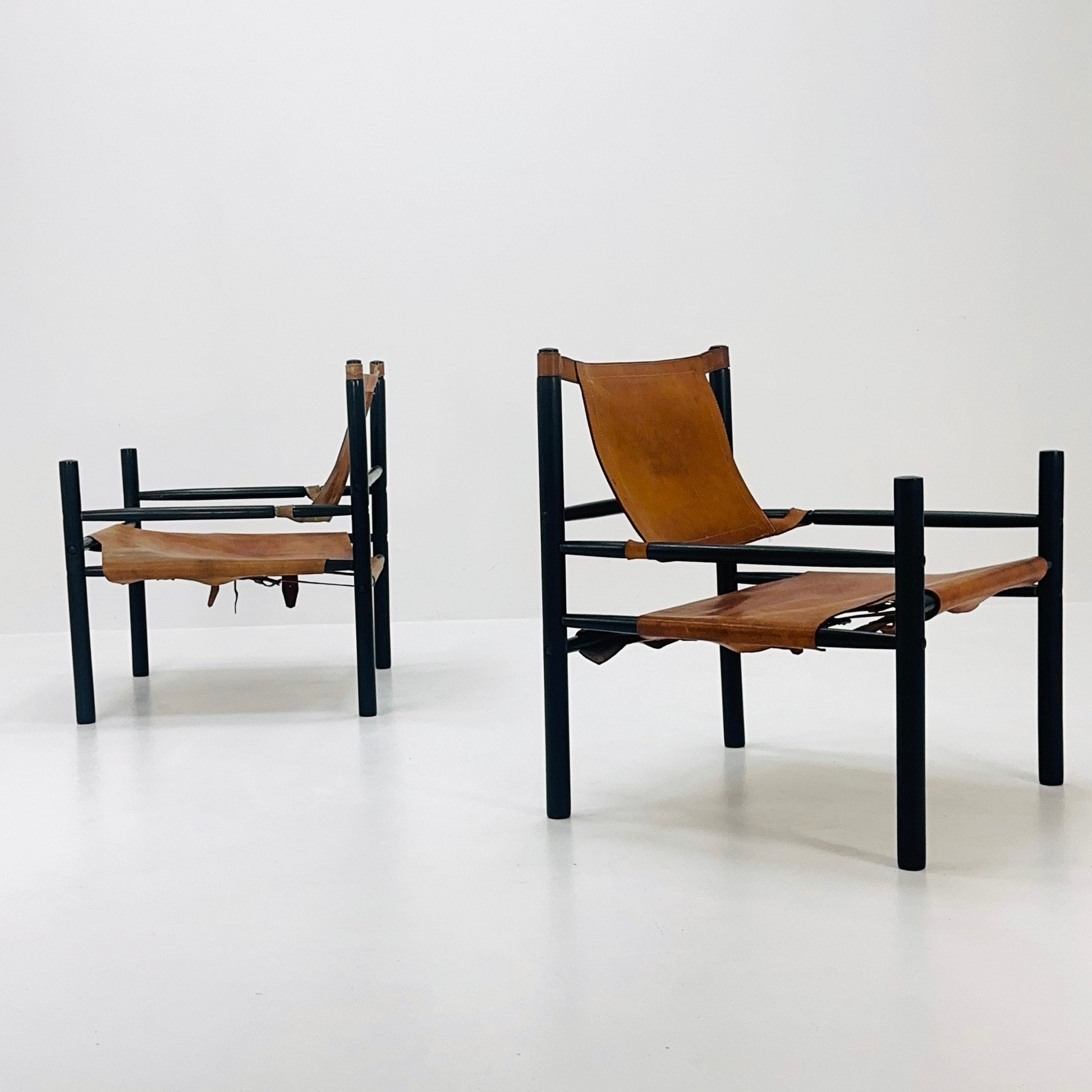 Mid century Sling Safari chair set by Abel Gonzalez cognac leather Argentina 1960s