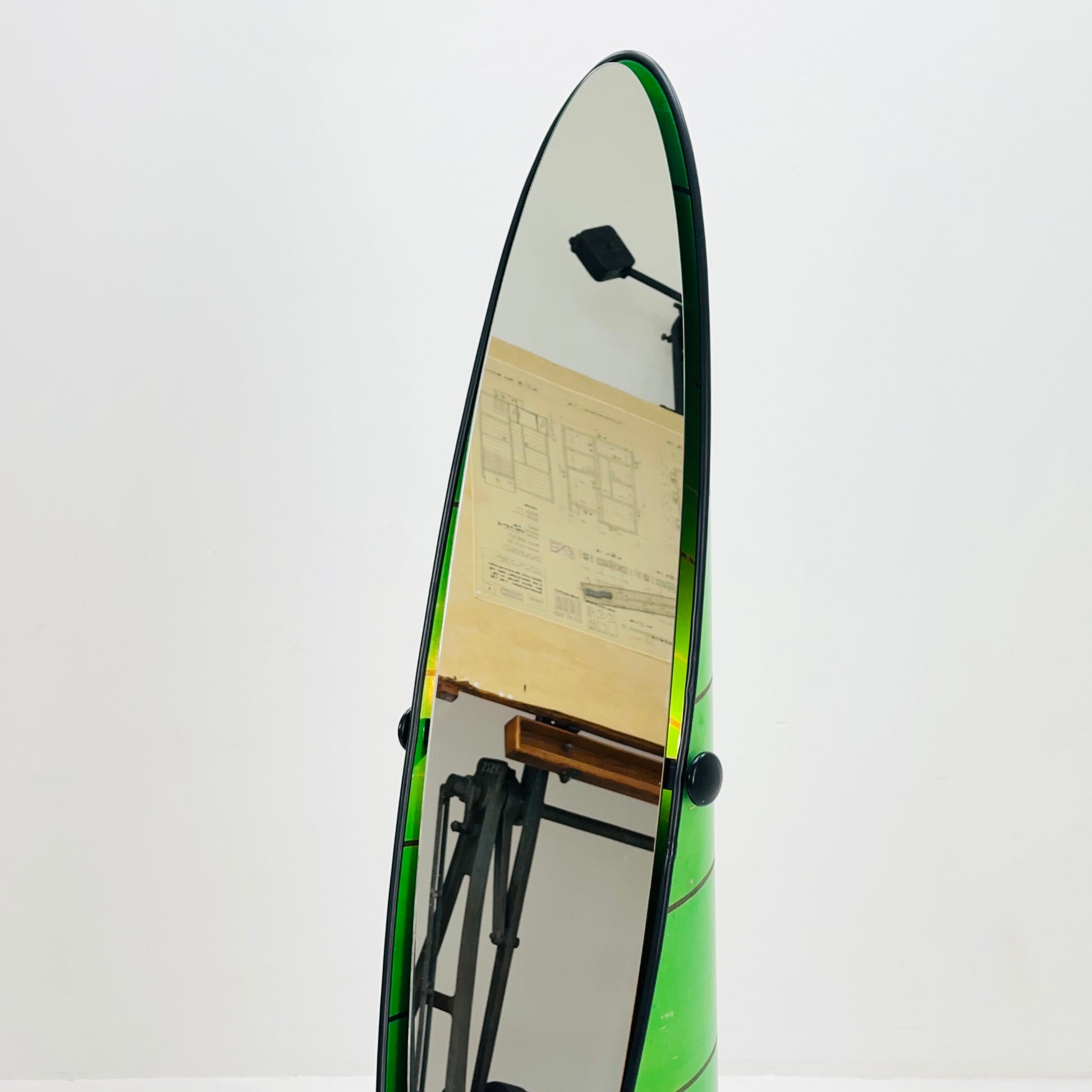 Space age green , "Roulette" floor mirror with backlight 1960s, AB Nybrofabriken, Fröseke, Sweden 