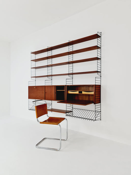 Wall-mounted original Swedish string shelf-system, bookcase teak by Nils & Kajsa Strinning, 1960s