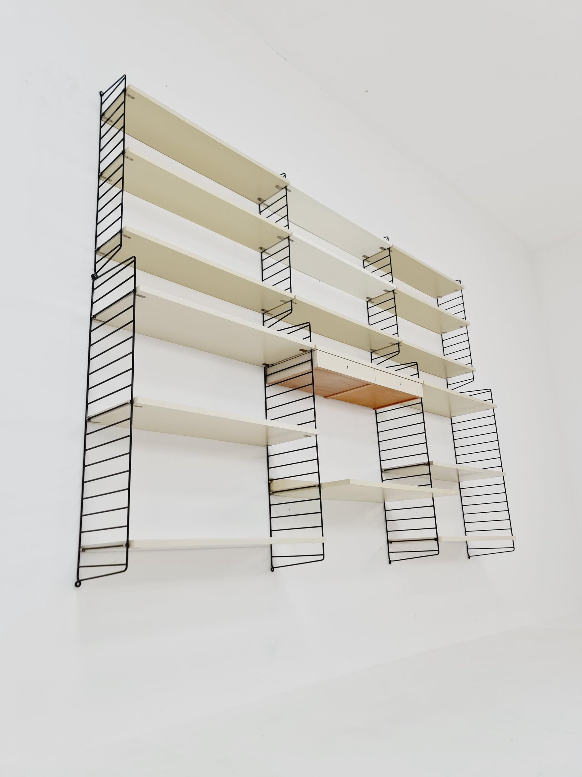 Wall-mounted original Swedish string shelf-system, bookcase teak by Nils & Kajsa Strinning, 1960s