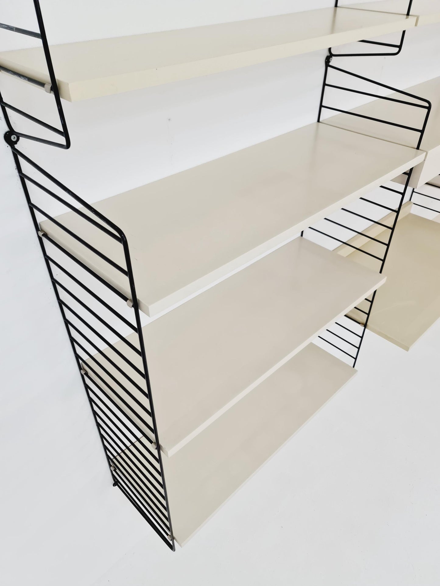 Wall-mounted original Swedish string shelf-system, bookcase teak by Nils & Kajsa Strinning, 1960s