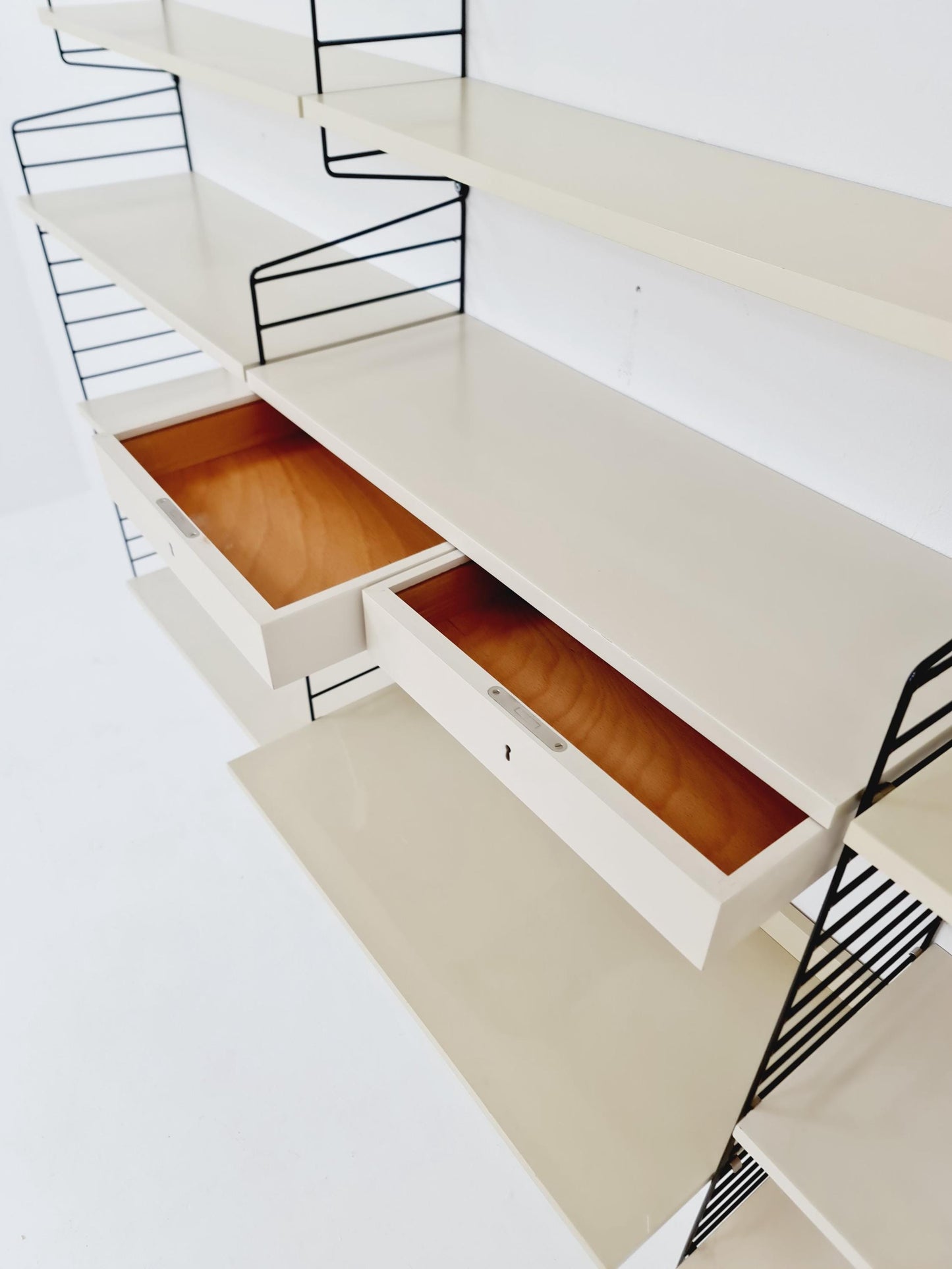 Wall-mounted original Swedish string shelf-system, bookcase teak by Nils & Kajsa Strinning, 1960s