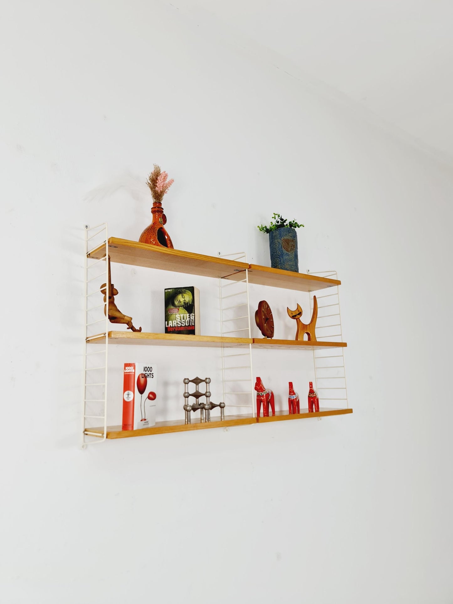 Original MCM Ash shelving system - consists of Black lacquered metal ladders, from string Stockholm 1960s