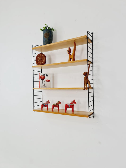 Original MCM Ash shelving system - consists of Black lacquered metal ladders, from string Stockholm 1960s