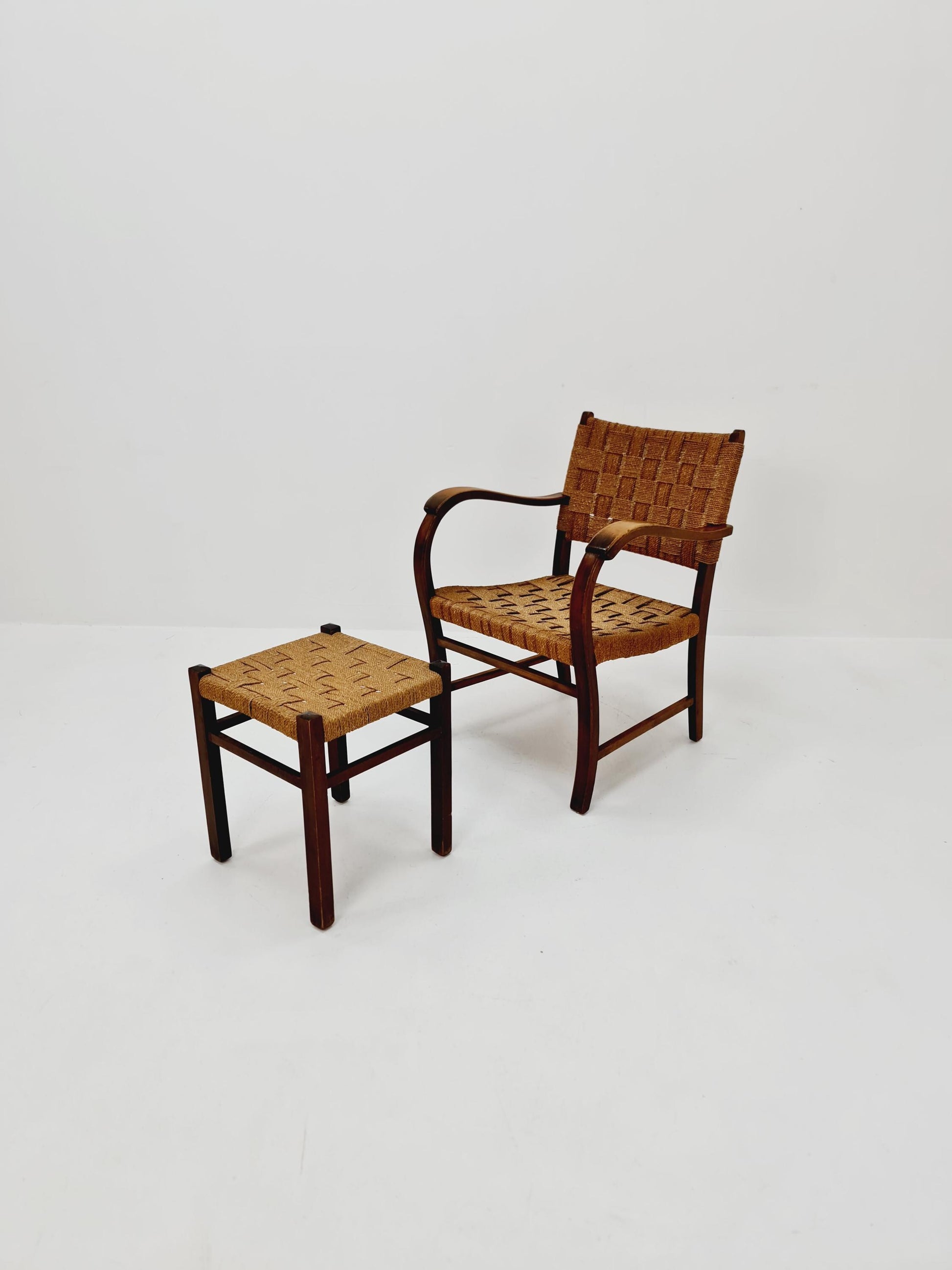 Bauhaus vintage papercord armchair with ottoman by Ehrich Dieckmann, 1930s