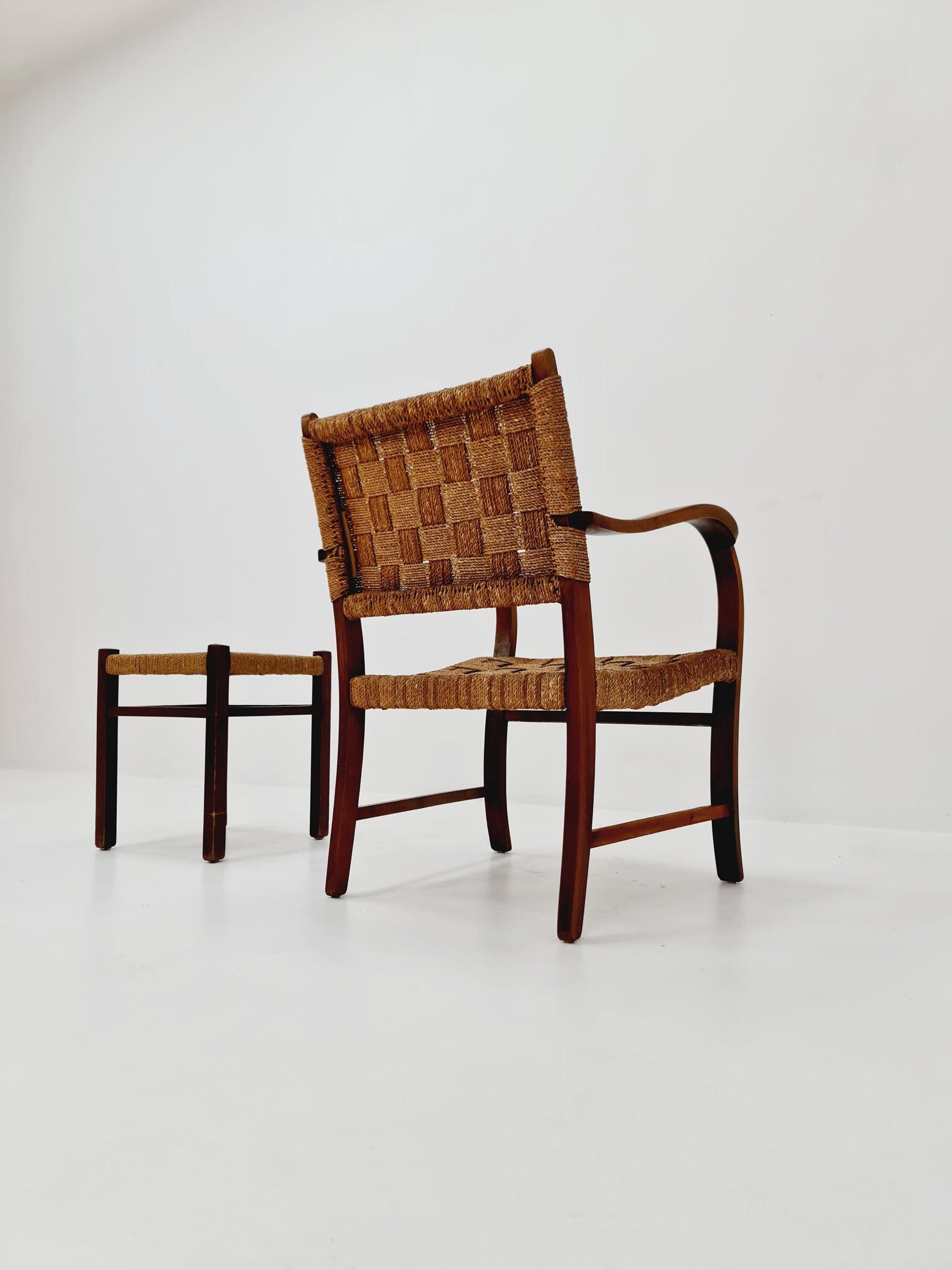 Bauhaus vintage papercord armchair with ottoman by Ehrich Dieckmann, 1930s