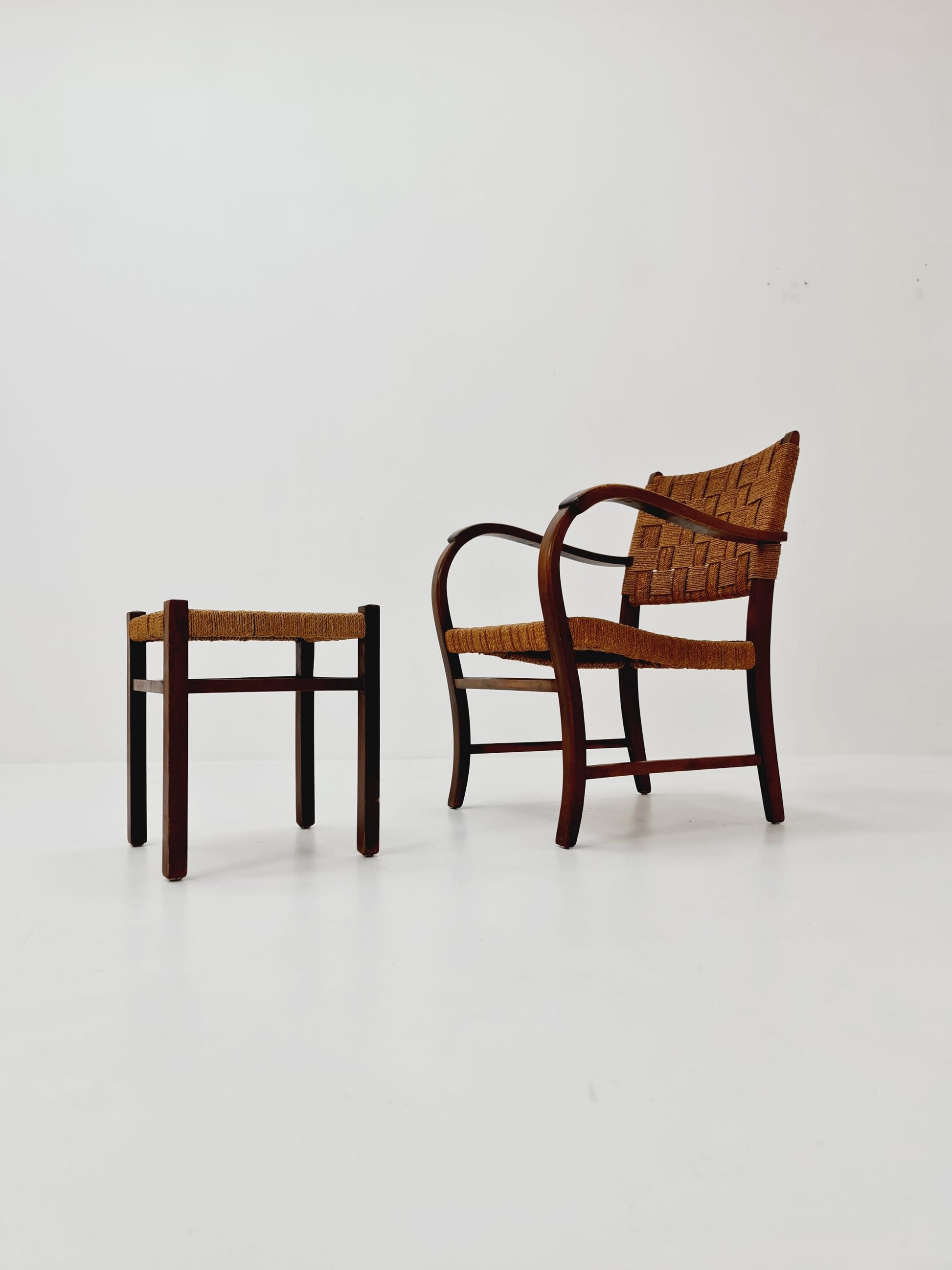Bauhaus vintage papercord armchair with ottoman by Ehrich Dieckmann, 1930s