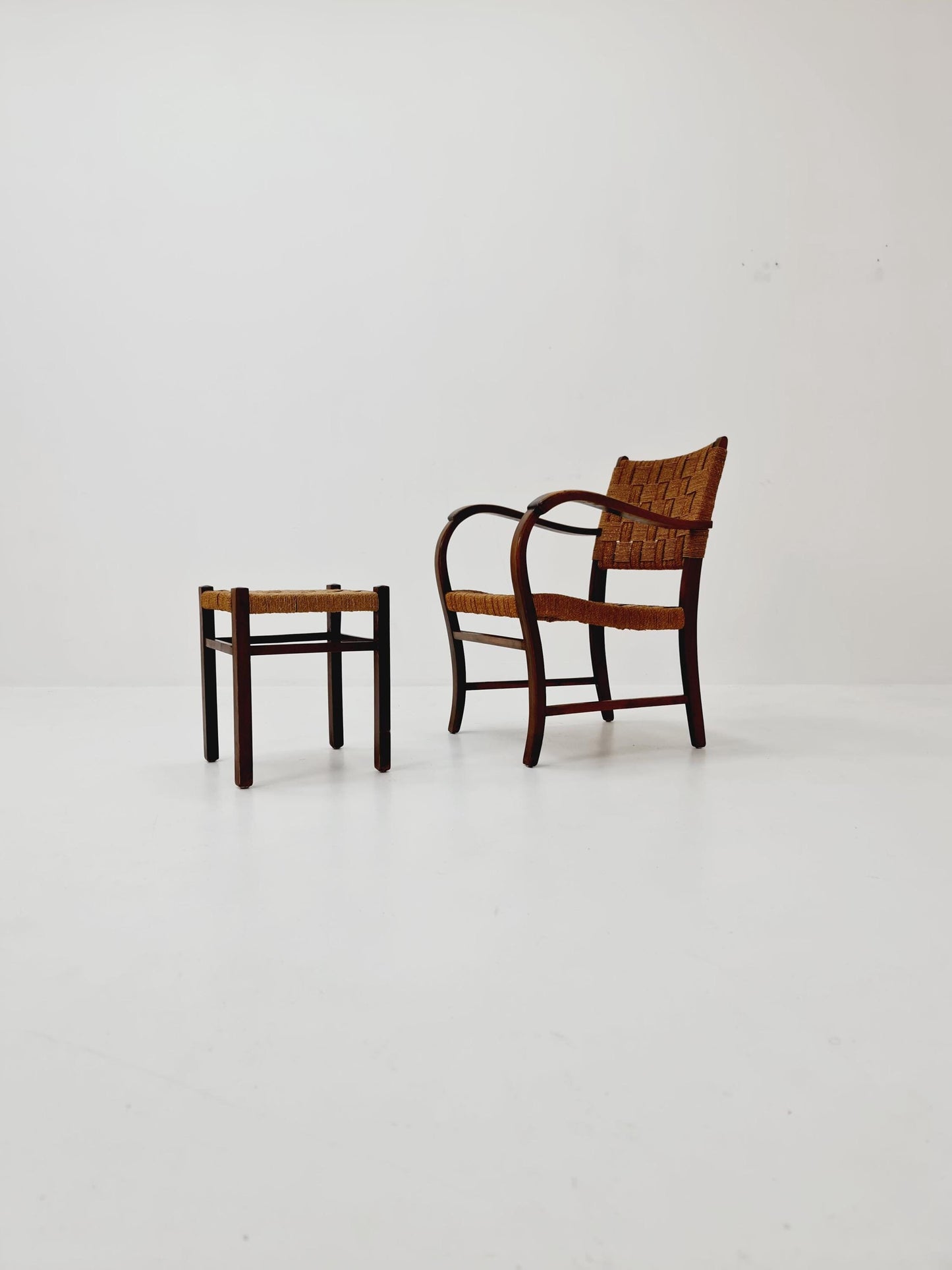 Bauhaus vintage papercord armchair with ottoman by Ehrich Dieckmann, 1930s
