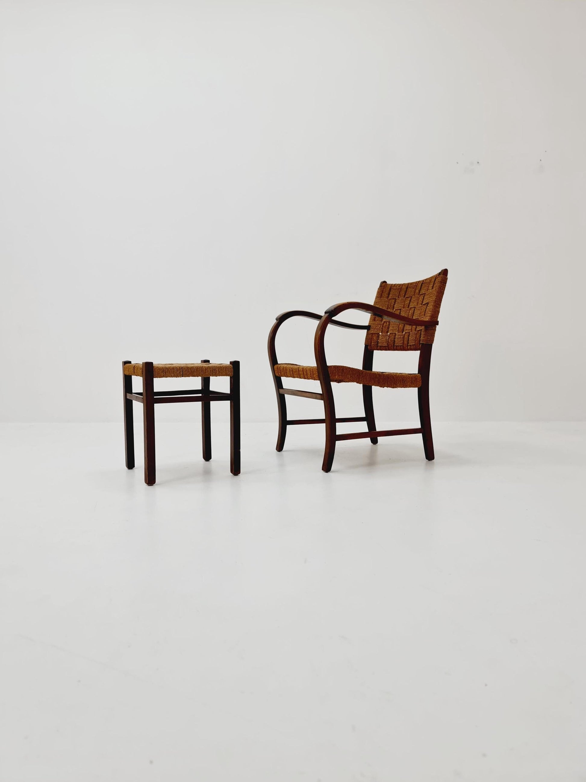 Bauhaus vintage papercord armchair with ottoman by Ehrich Dieckmann, 1930s