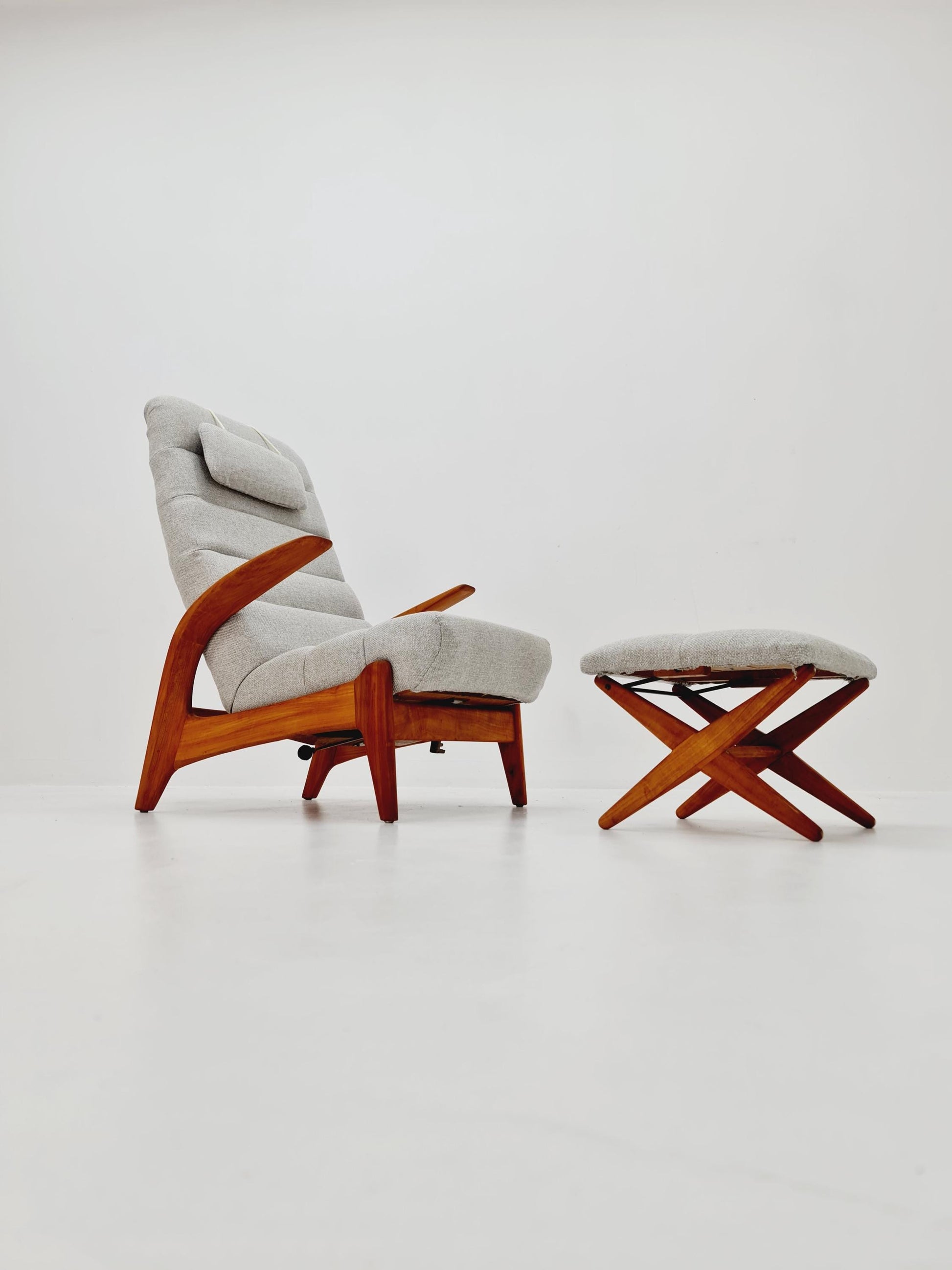 Mid Century Solid cherry wood lounge chair/ Easy chair by Rolf Rastad & Adolf Relling For Goldfeder with Adjustable Ottoman, 1960s
