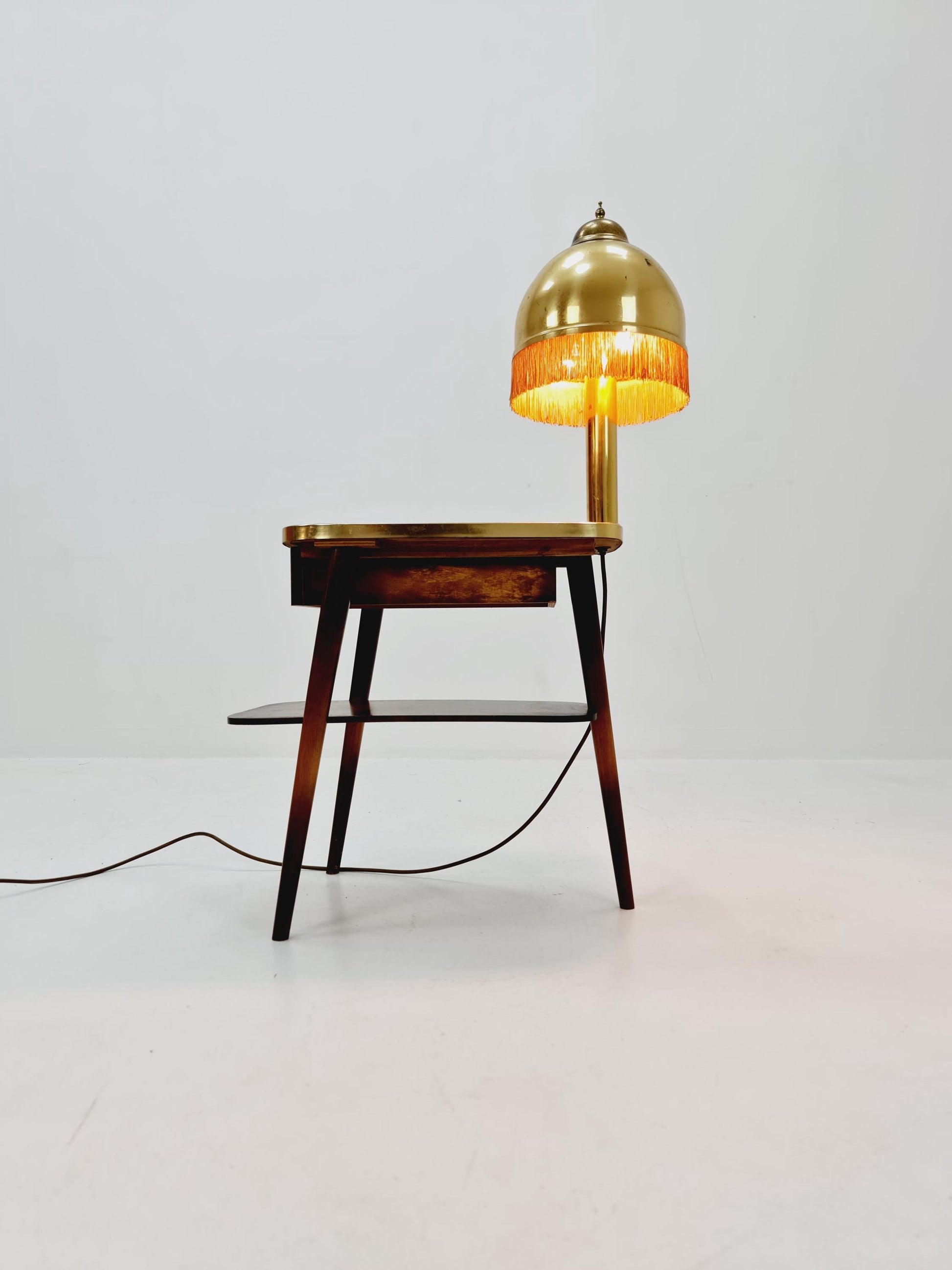 Rare Midcentury German tripod floor lamp , sidetabale Brass , 1950s