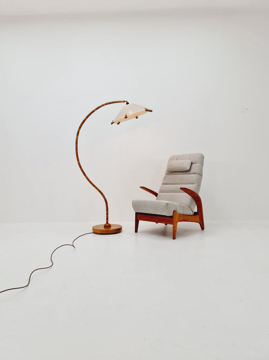 Rare Midcentury vintage gooseneck floor lamp in beech Wood and teak shade by Marksljöd Sweden, 1940s