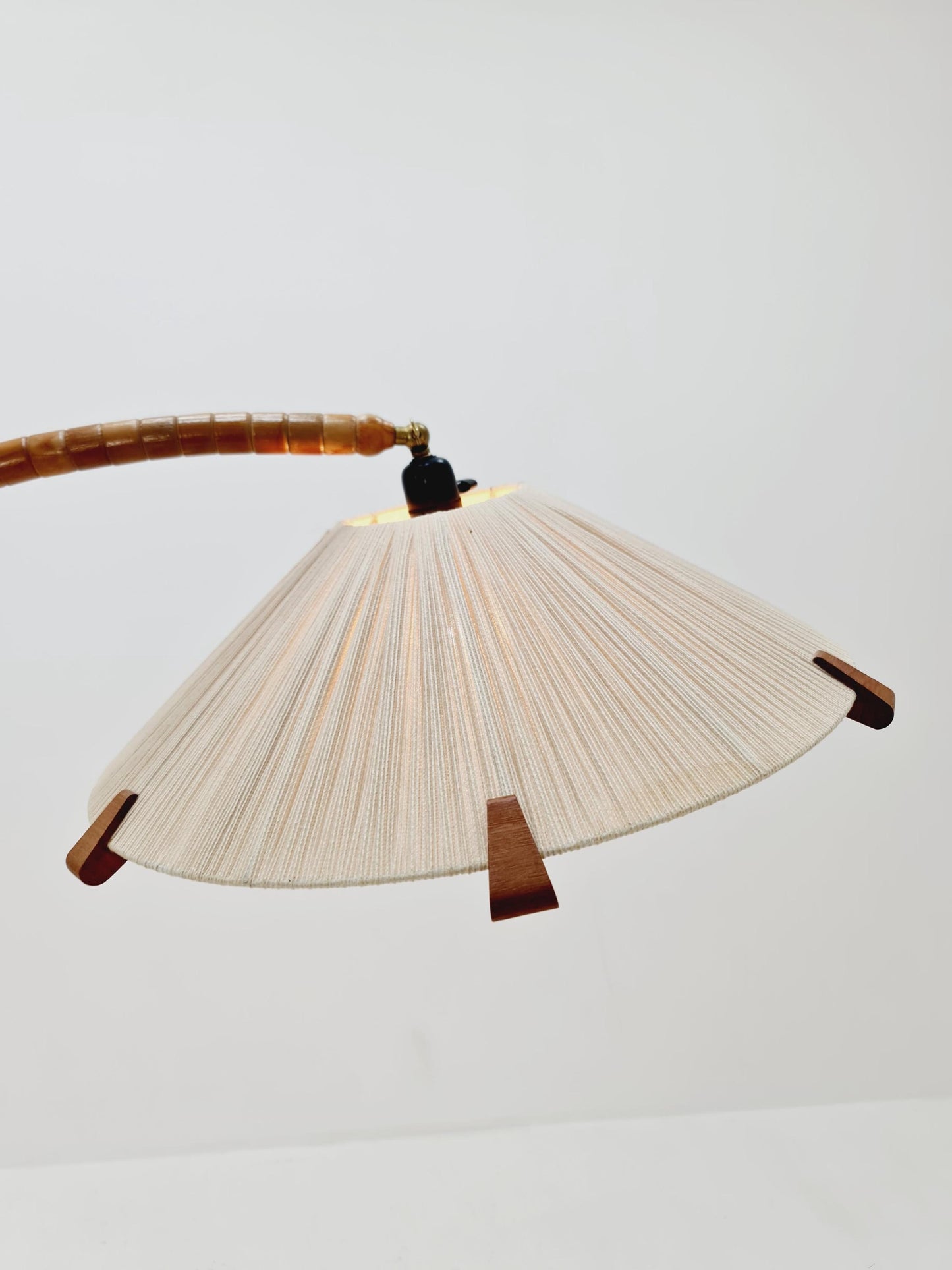 Rare Midcentury vintage gooseneck floor lamp in beech Wood and teak shade by Marksljöd Sweden, 1940s