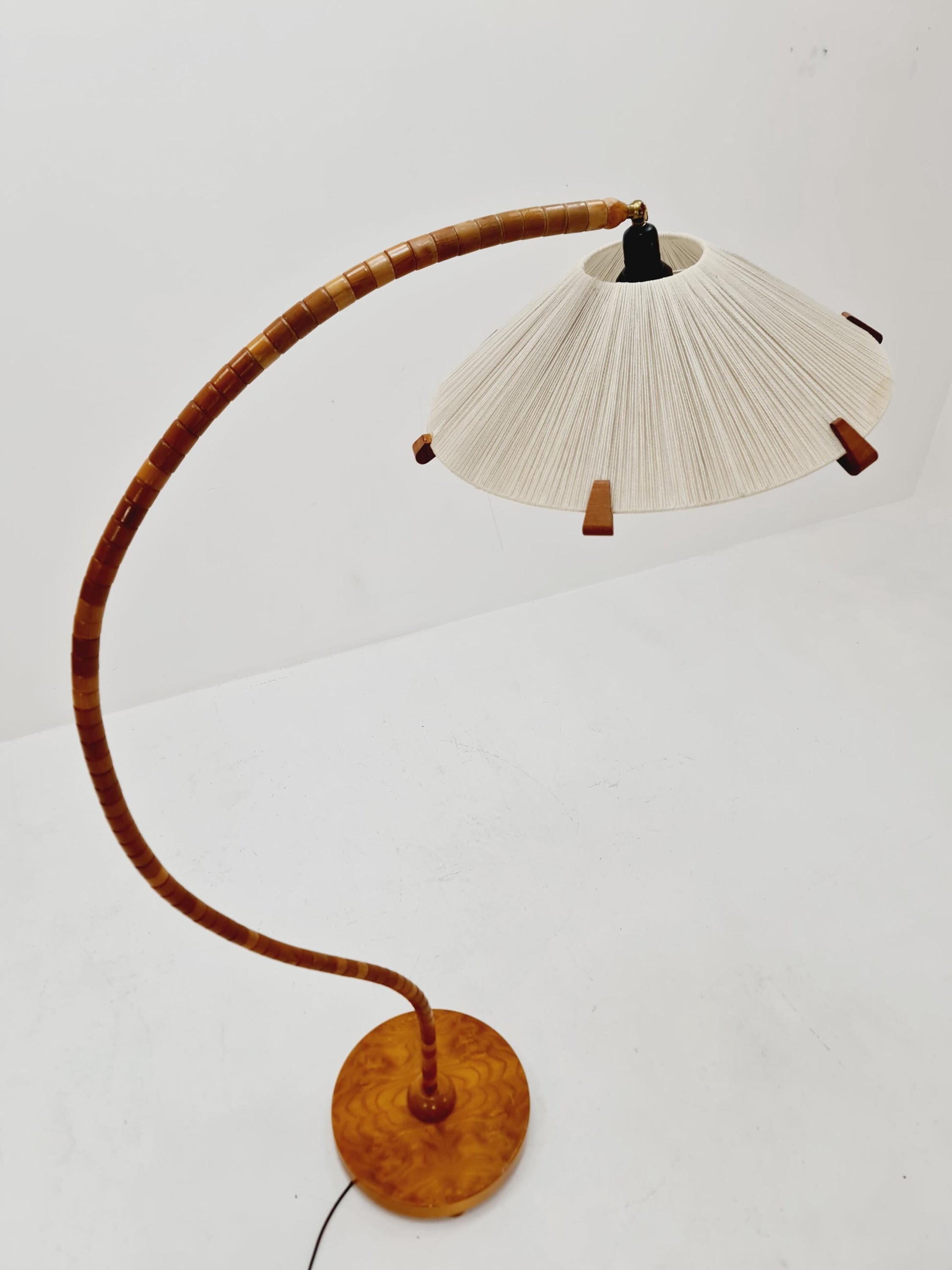 Rare Midcentury vintage gooseneck floor lamp in beech Wood and teak shade by Marksljöd Sweden, 1940s