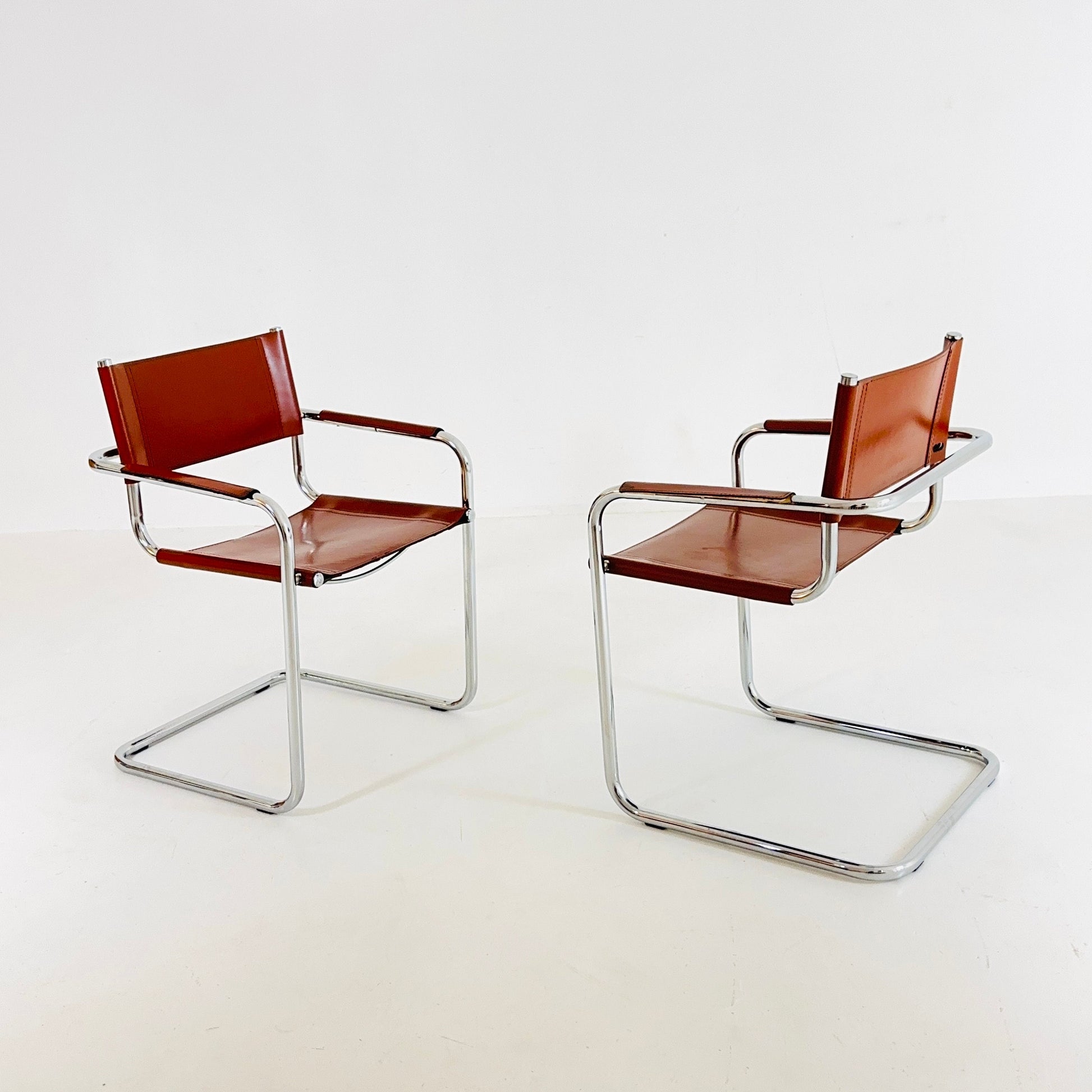 Set of 2 Mid century S34 cognac Leather tubular armchairs by Mart Stam & Marcel Breuer 1980s Italy