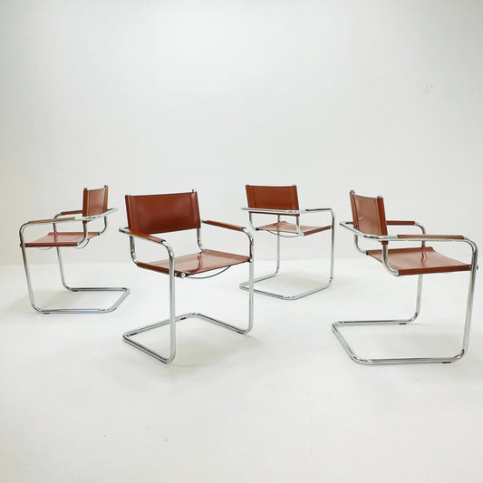 Set of 4 Mid century Model S34 Cognac Leather armchairs by Mart Stam & Marcel Breuer 1980s Italy