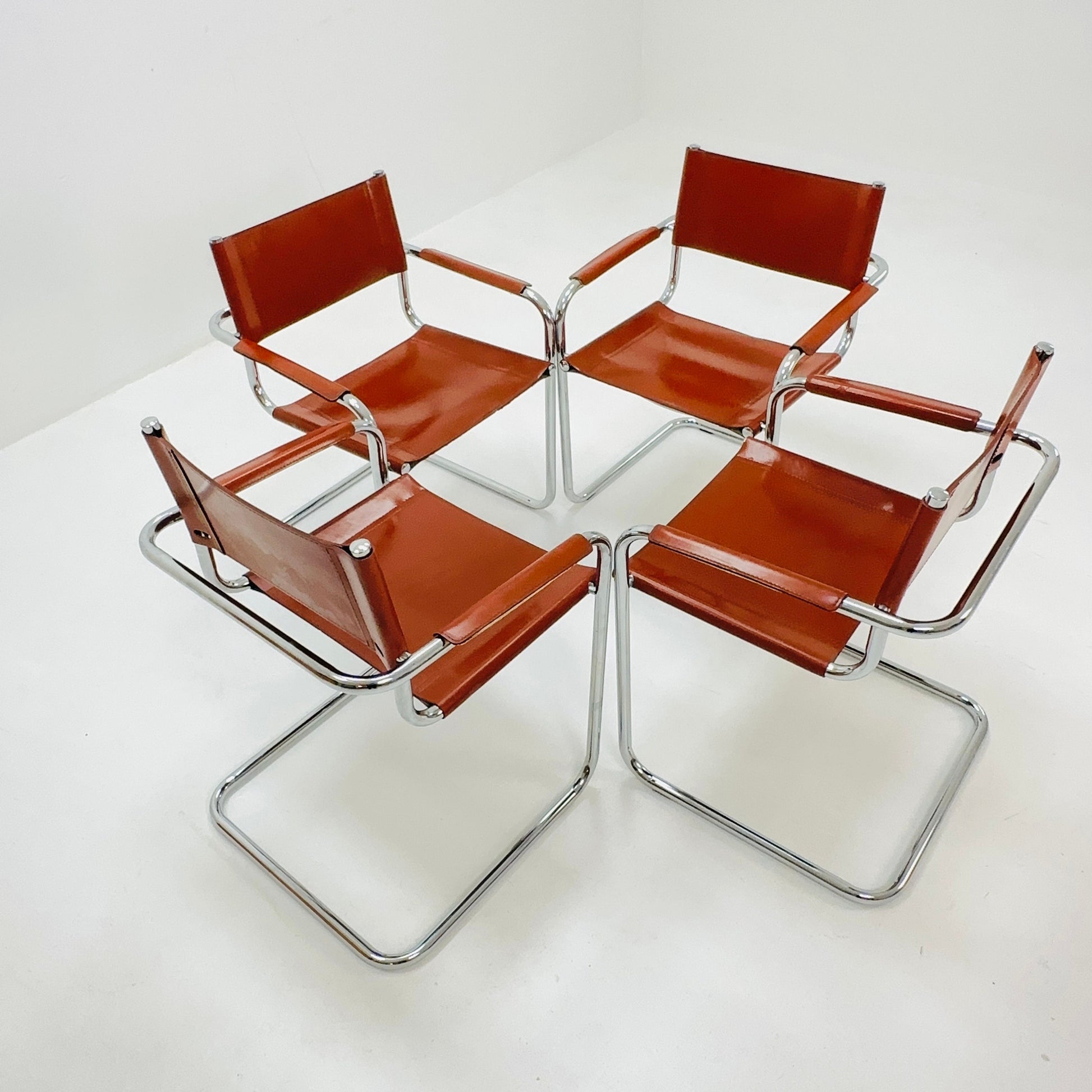 Set of 4 Mid century Model S34 Cognac Leather armchairs by Mart Stam & Marcel Breuer 1980s Italy