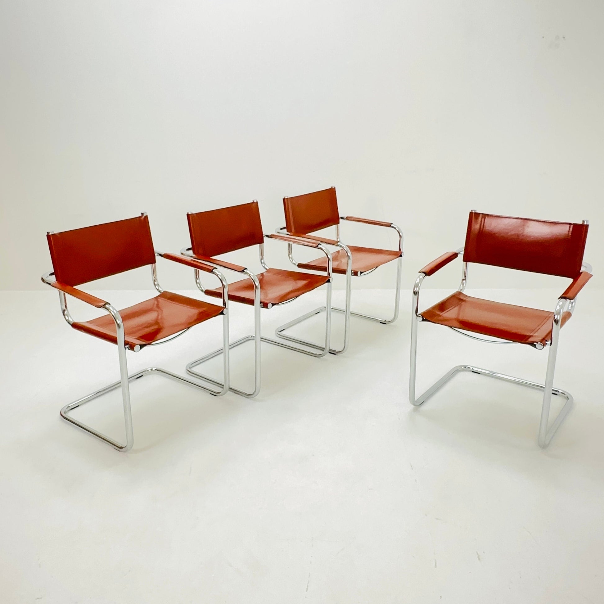 Set of 4 Mid century Model S34 Cognac Leather armchairs by Mart Stam & Marcel Breuer 1980s Italy