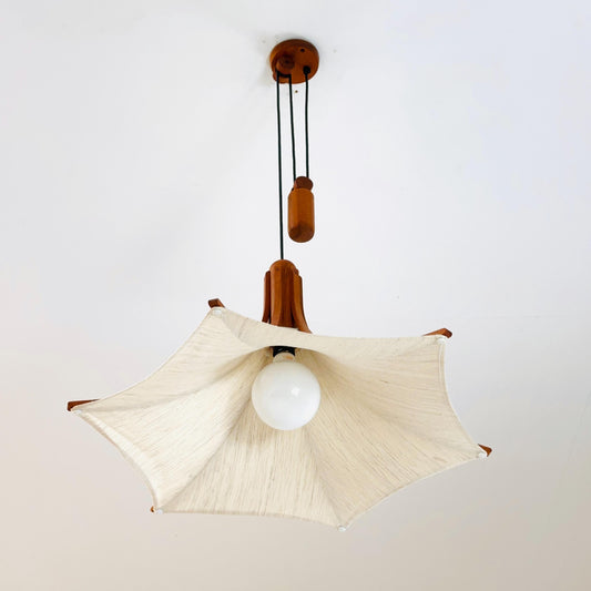 Mid century Wooden Pendant Light with Textile Shade by Domus Germany, 1970s