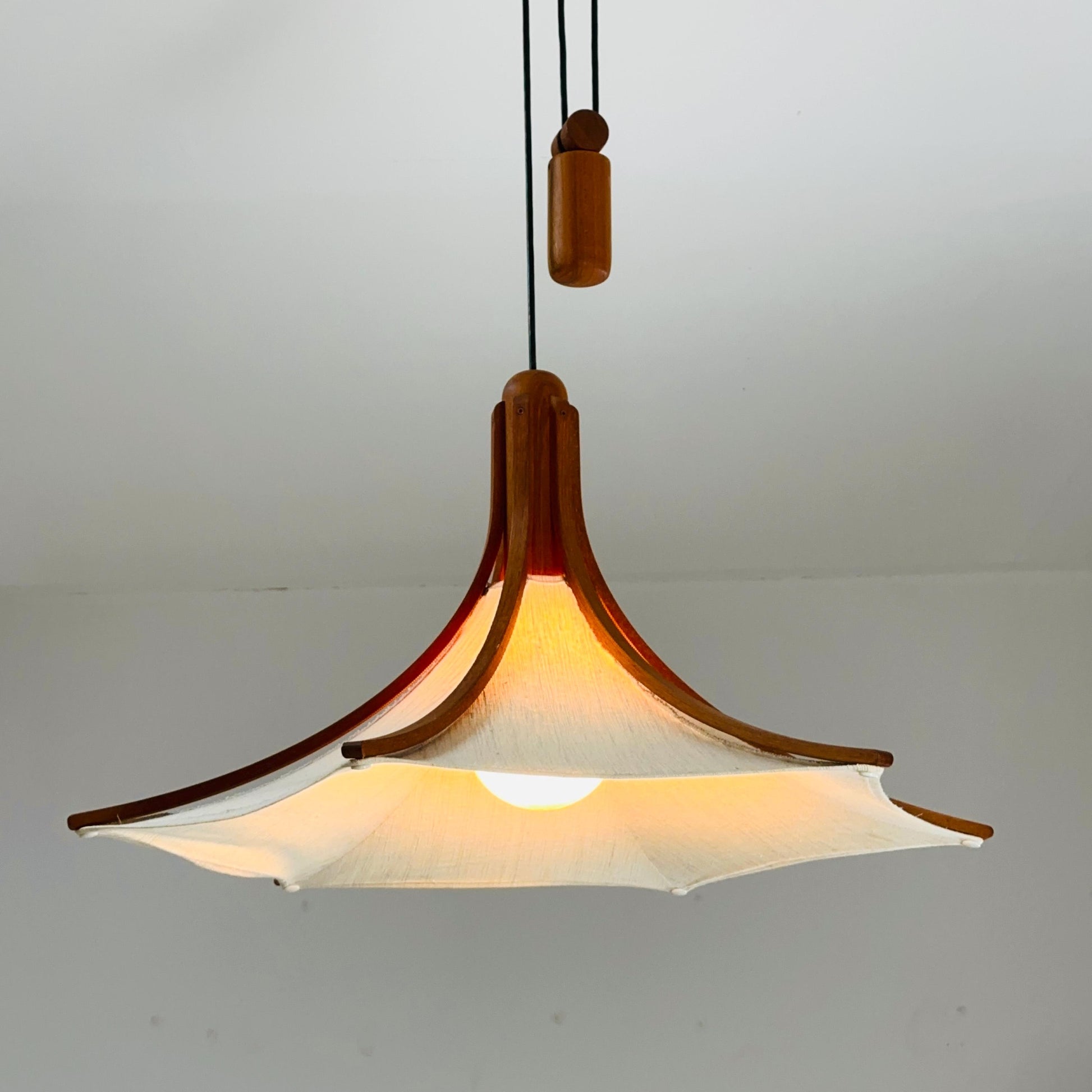 Mid century Wooden Pendant Light with Textile Shade by Domus Germany, 1970s