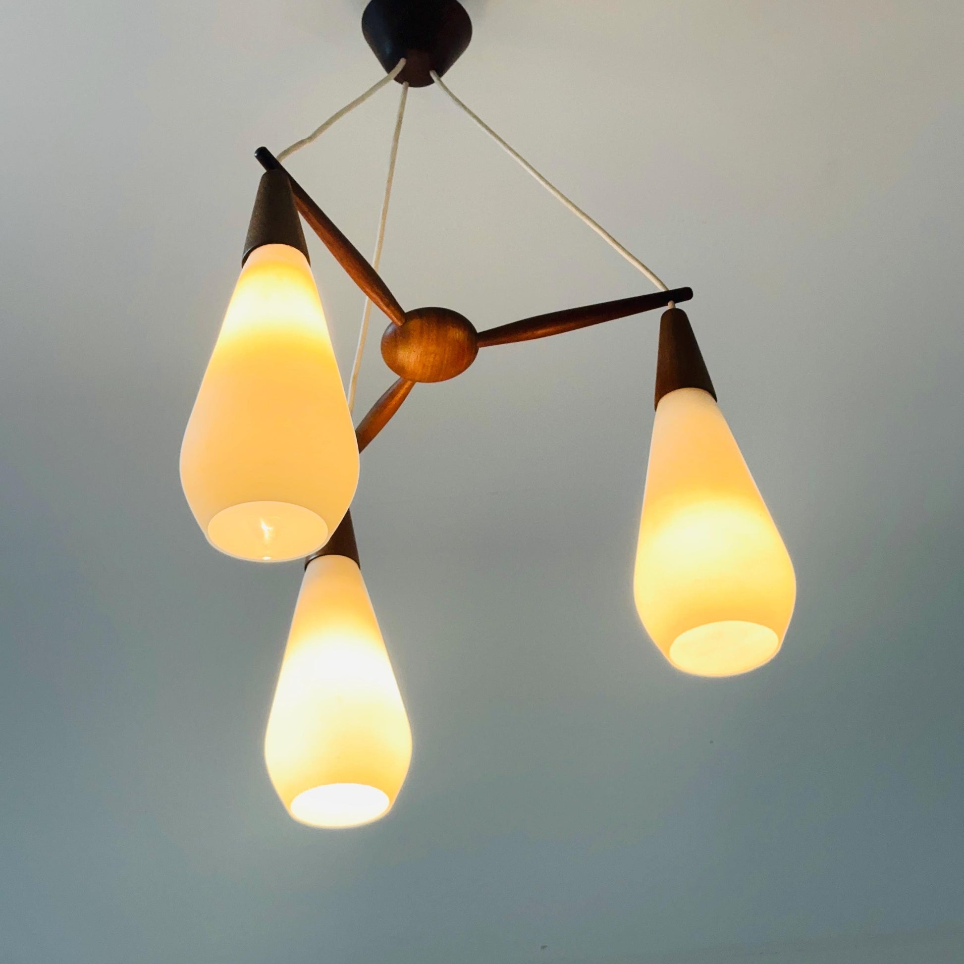 Mid century Danish teak & opal glass pendant lamp 1960s Denmark