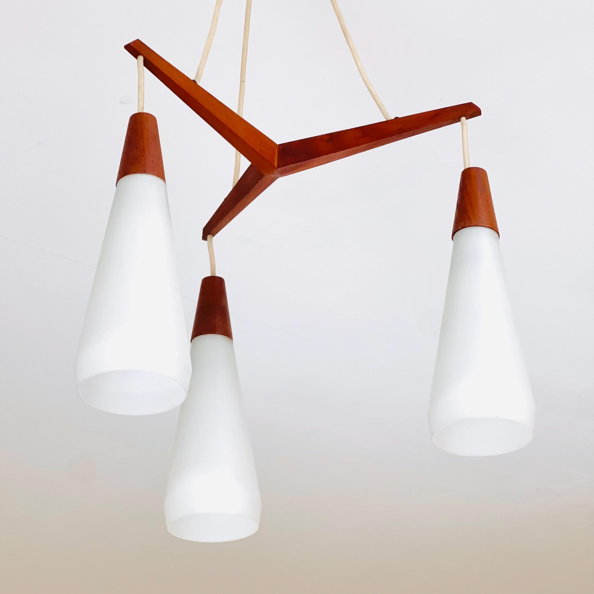 Mid century Danish teak & opal glass pendant lamp 1960s Denmark