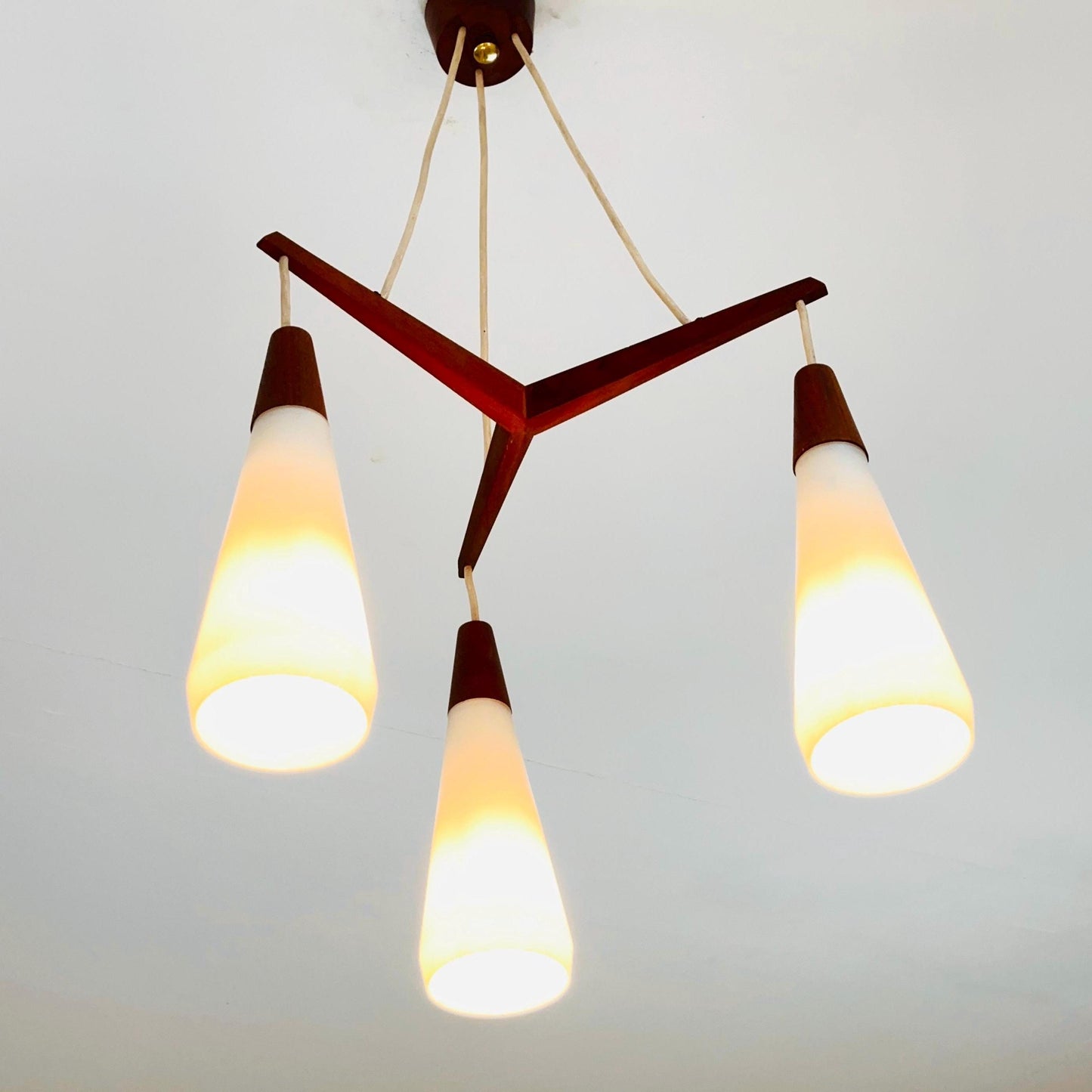 Mid century Danish teak & opal glass pendant lamp 1960s Denmark