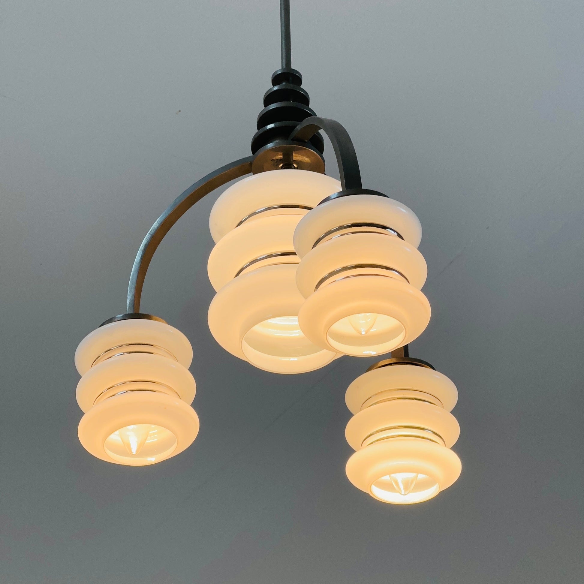 Mid century Bauhaus Italian chandelier chrome & Opal glass 1950s