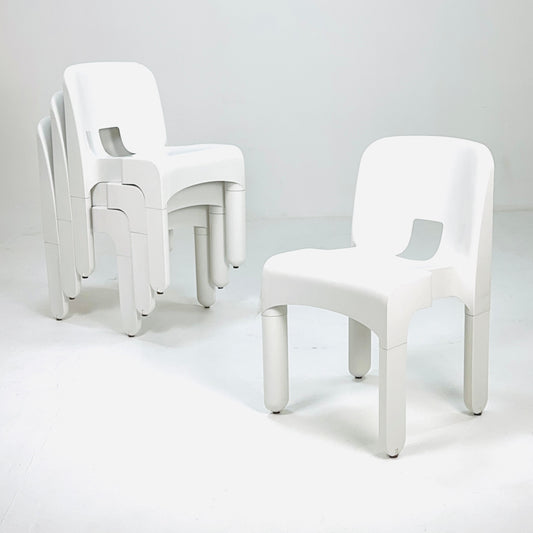 Set of 4 Space age Universale white chairs,designed by Joe Colombo for Kartell Italy 1960s