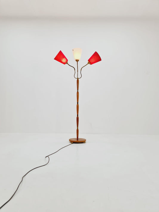 swedish Modern three flex arms brass & wood floor lamp, tütenlampe, 1950s